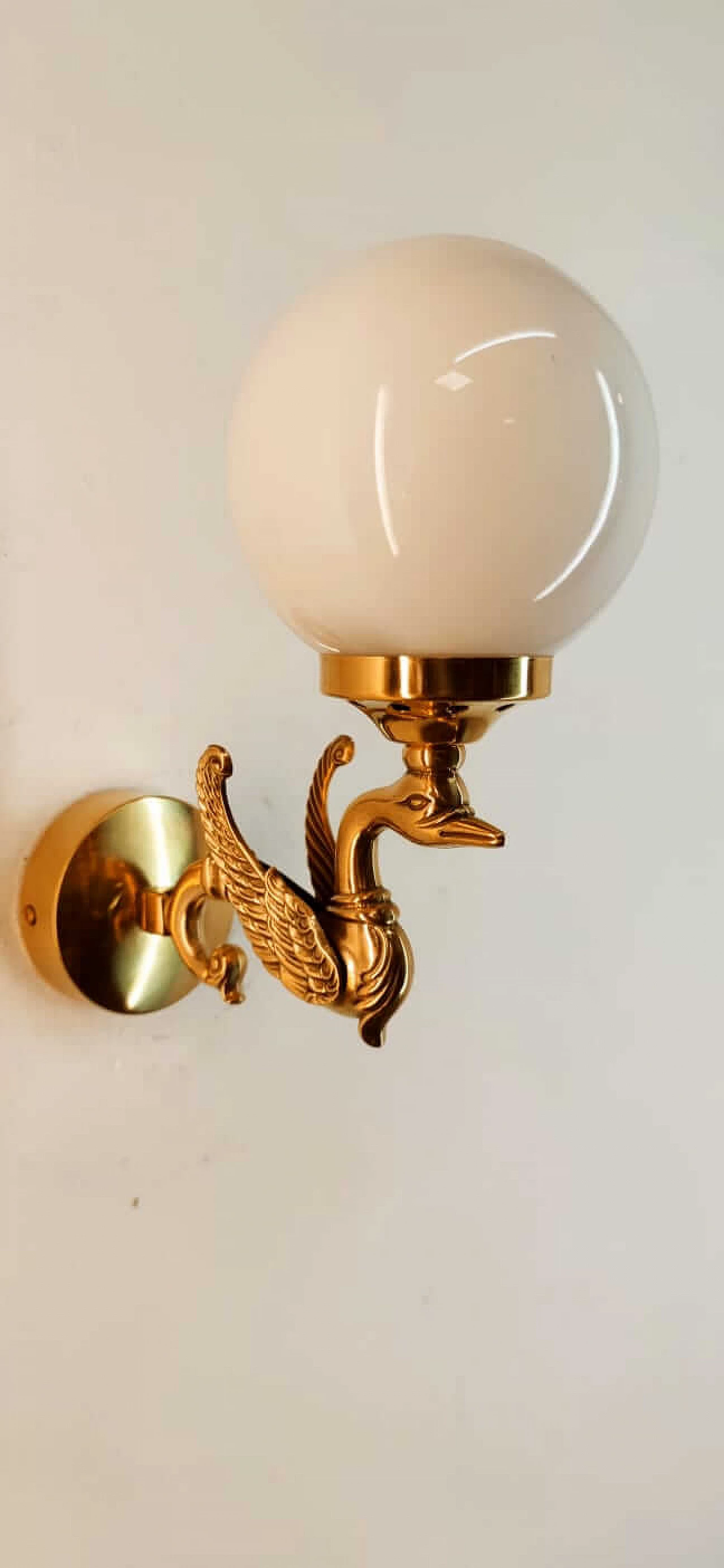 Wall light with brass swan and spherical glass diffuser, 1960s 4