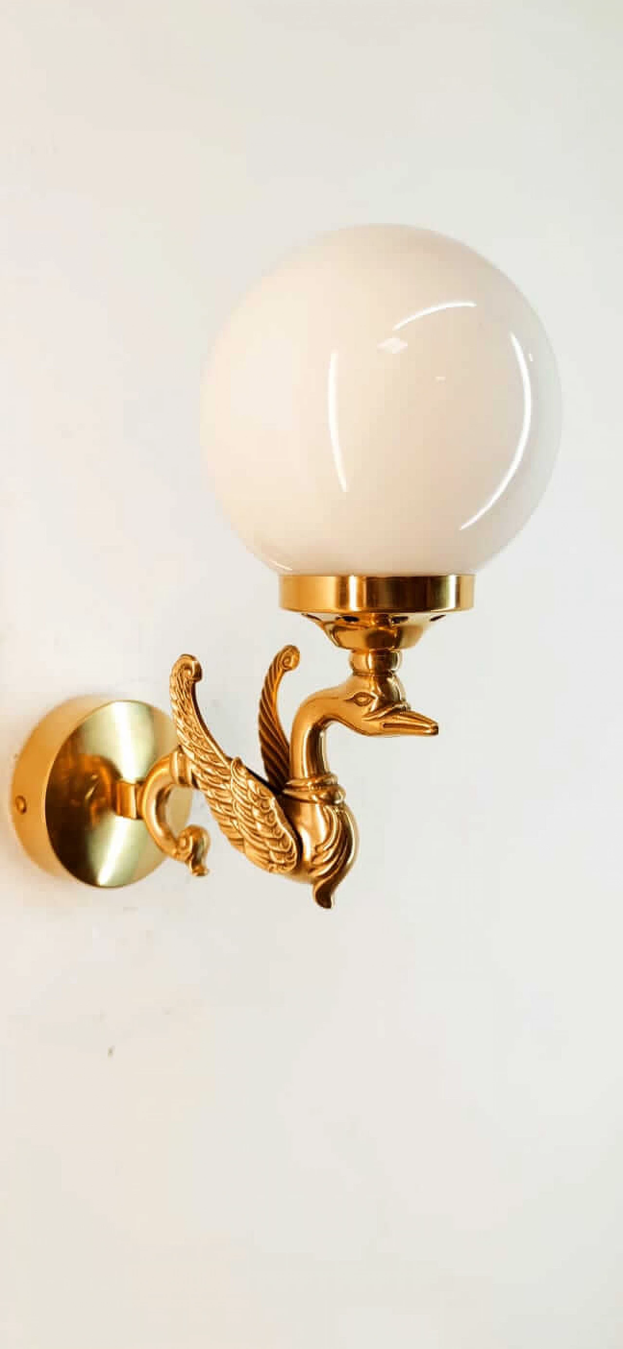Wall light with brass swan and spherical glass diffuser, 1960s 5