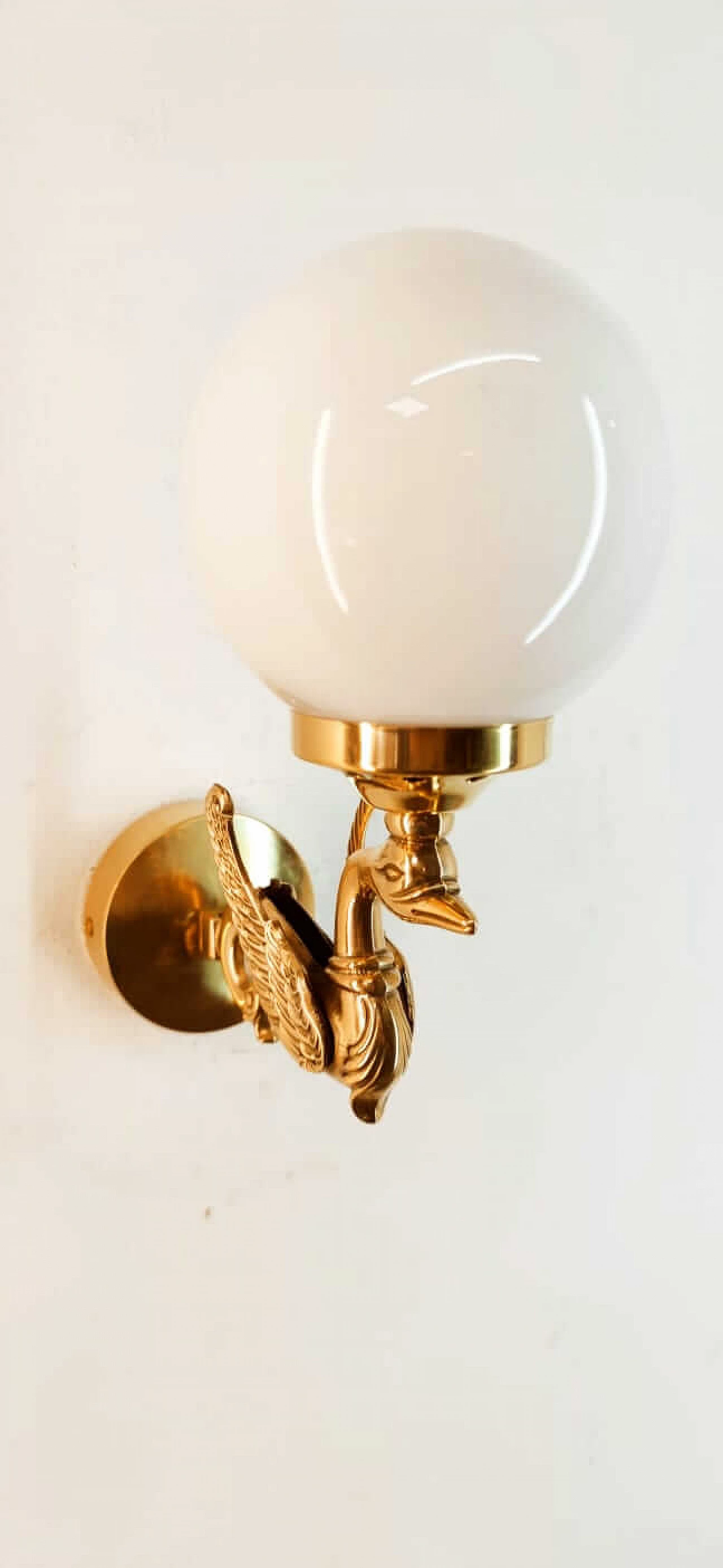 Wall light with brass swan and spherical glass diffuser, 1960s 6