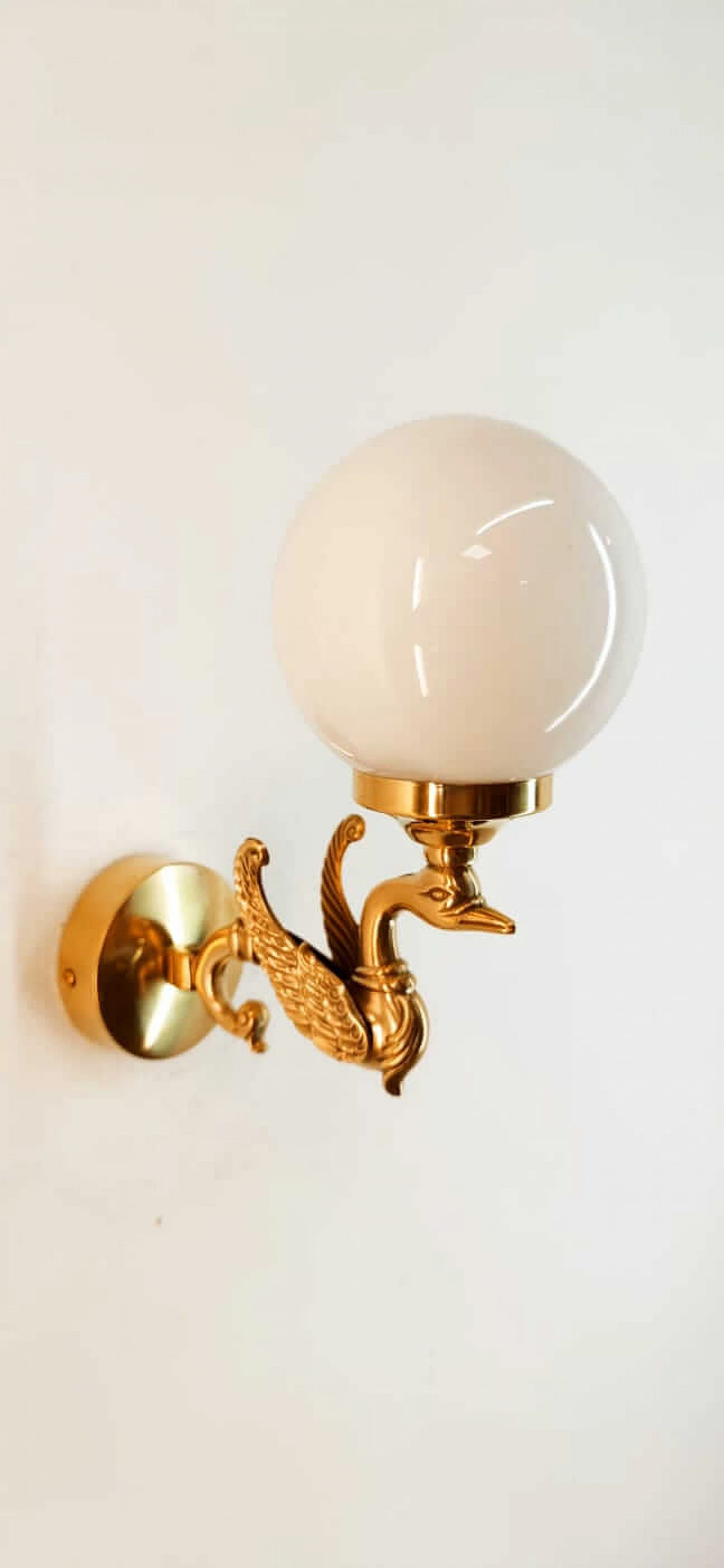Wall light with brass swan and spherical glass diffuser, 1960s 7