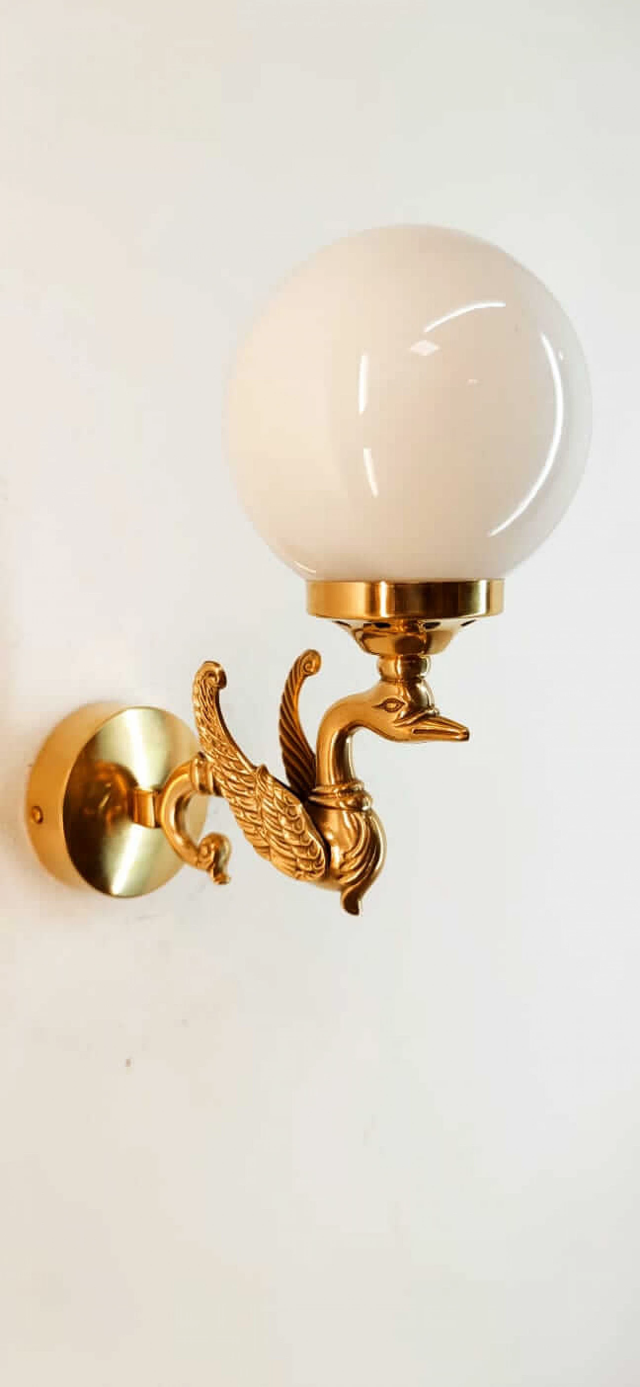 Wall light with brass swan and spherical glass diffuser, 1960s 8