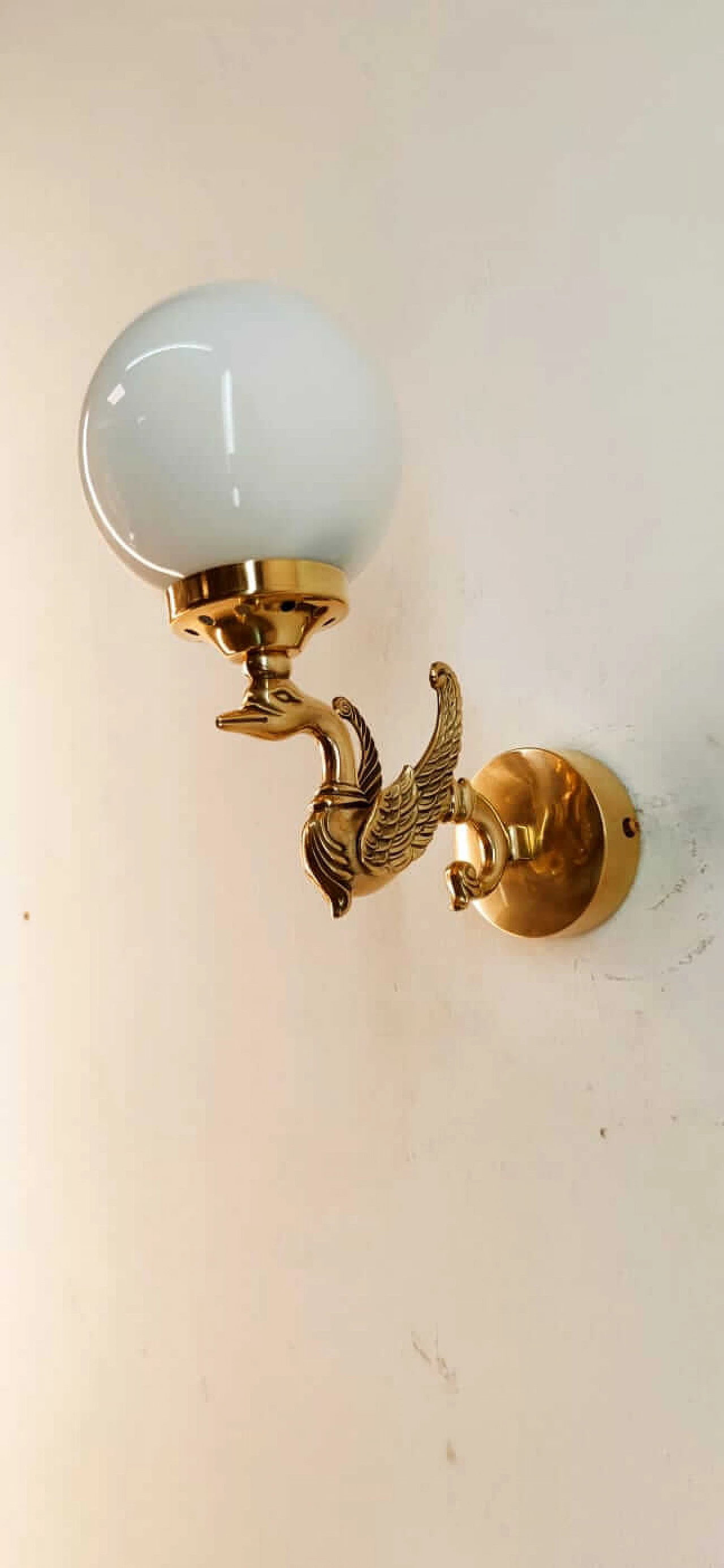 Wall light with brass swan and spherical glass diffuser, 1960s 9