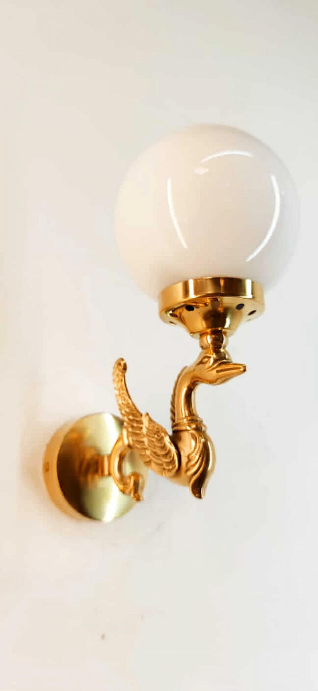 Wall light with brass swan and spherical glass diffuser, 1960s 11