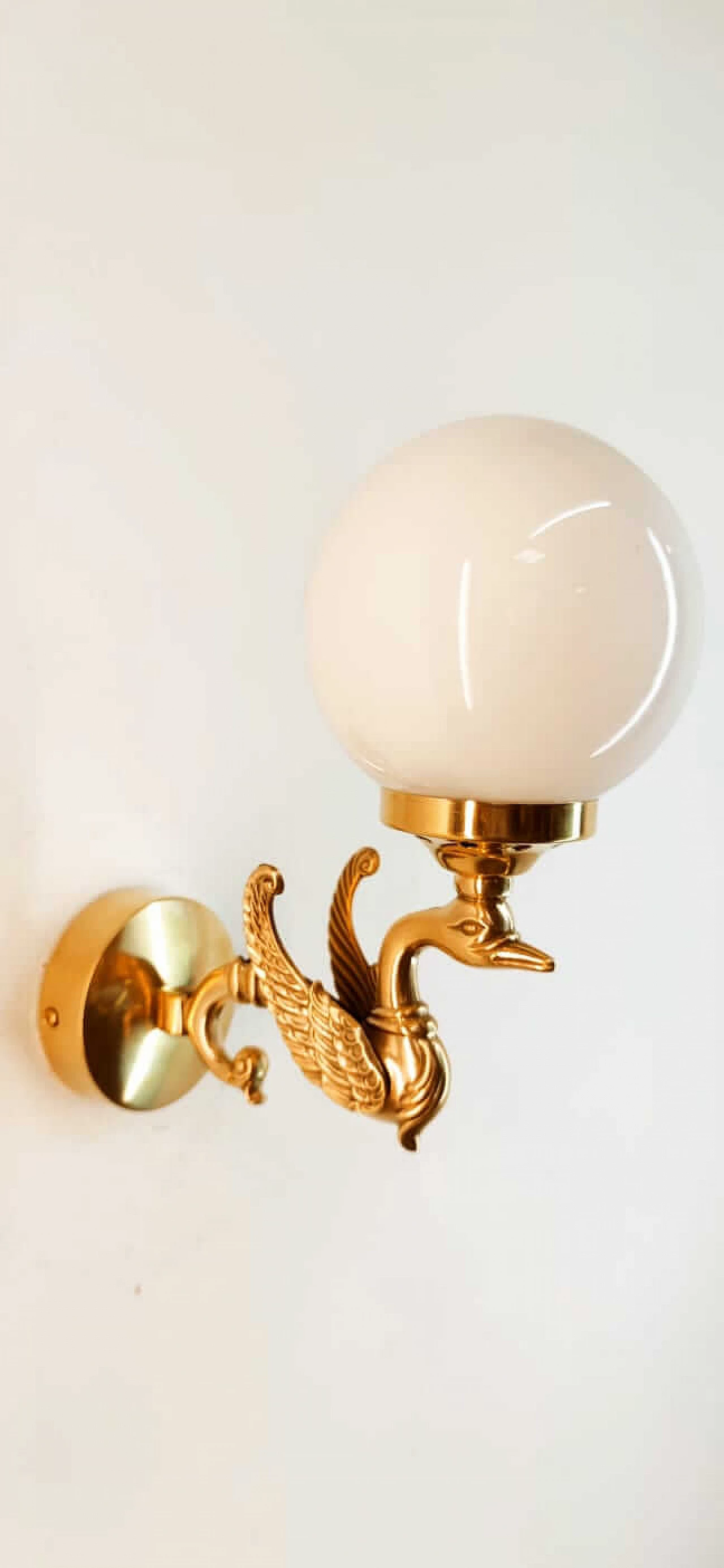 Wall light with brass swan and spherical glass diffuser, 1960s 14