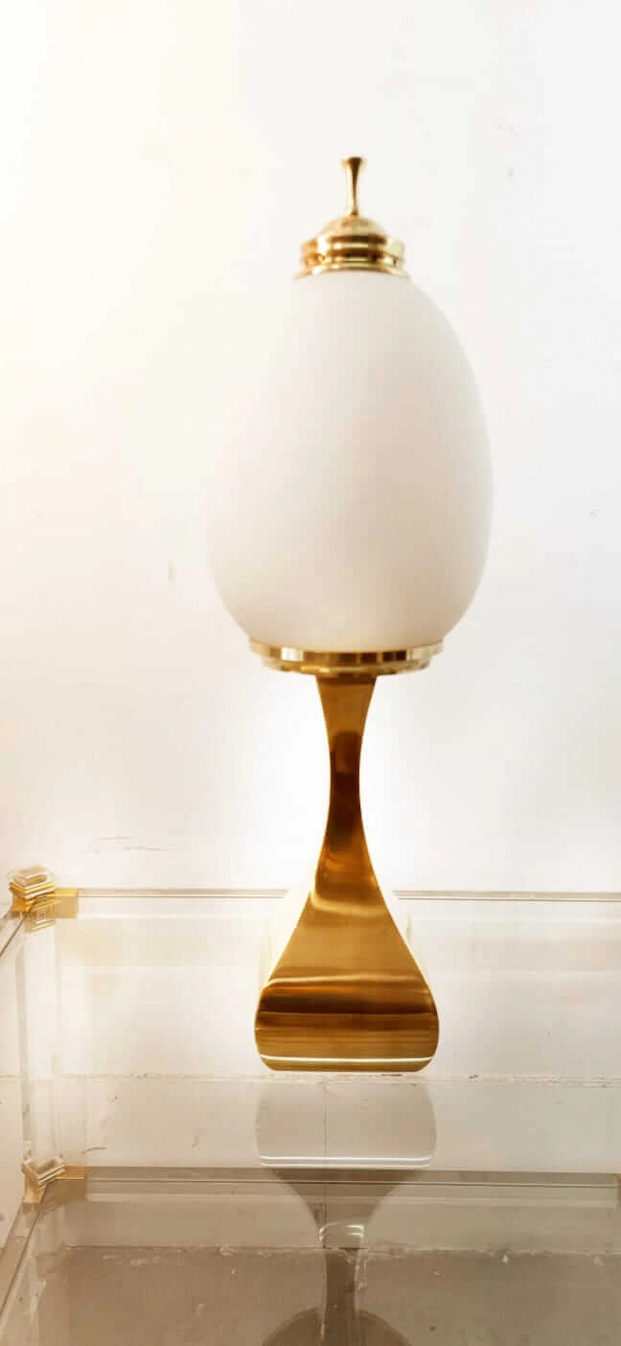 Cast brass table lamp with oval white frosted glass shade, 1960s 1