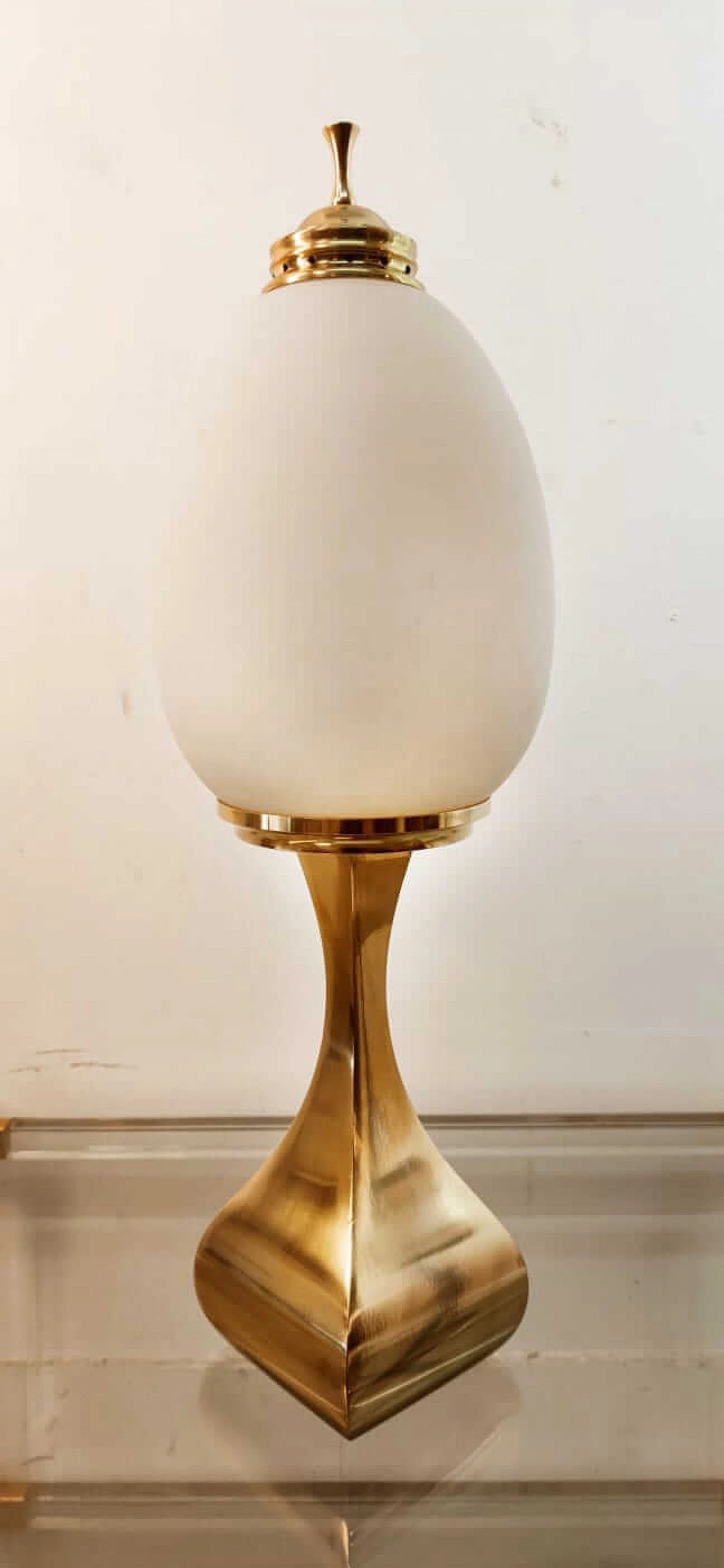 Cast brass table lamp with oval white frosted glass shade, 1960s 3