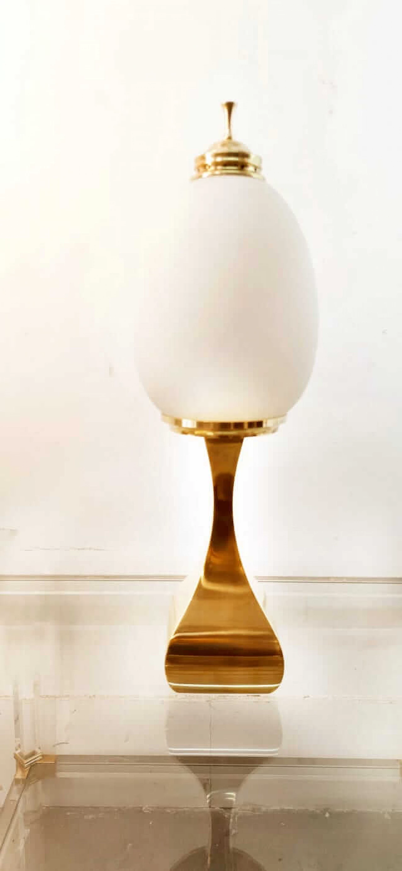 Cast brass table lamp with oval white frosted glass shade, 1960s 5