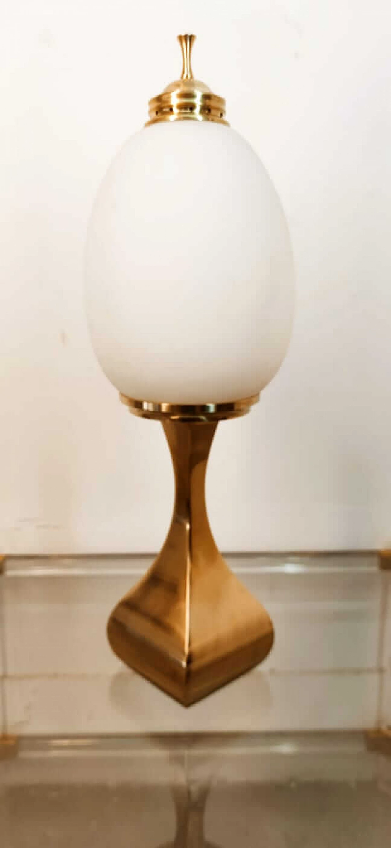 Cast brass table lamp with oval white frosted glass shade, 1960s 10