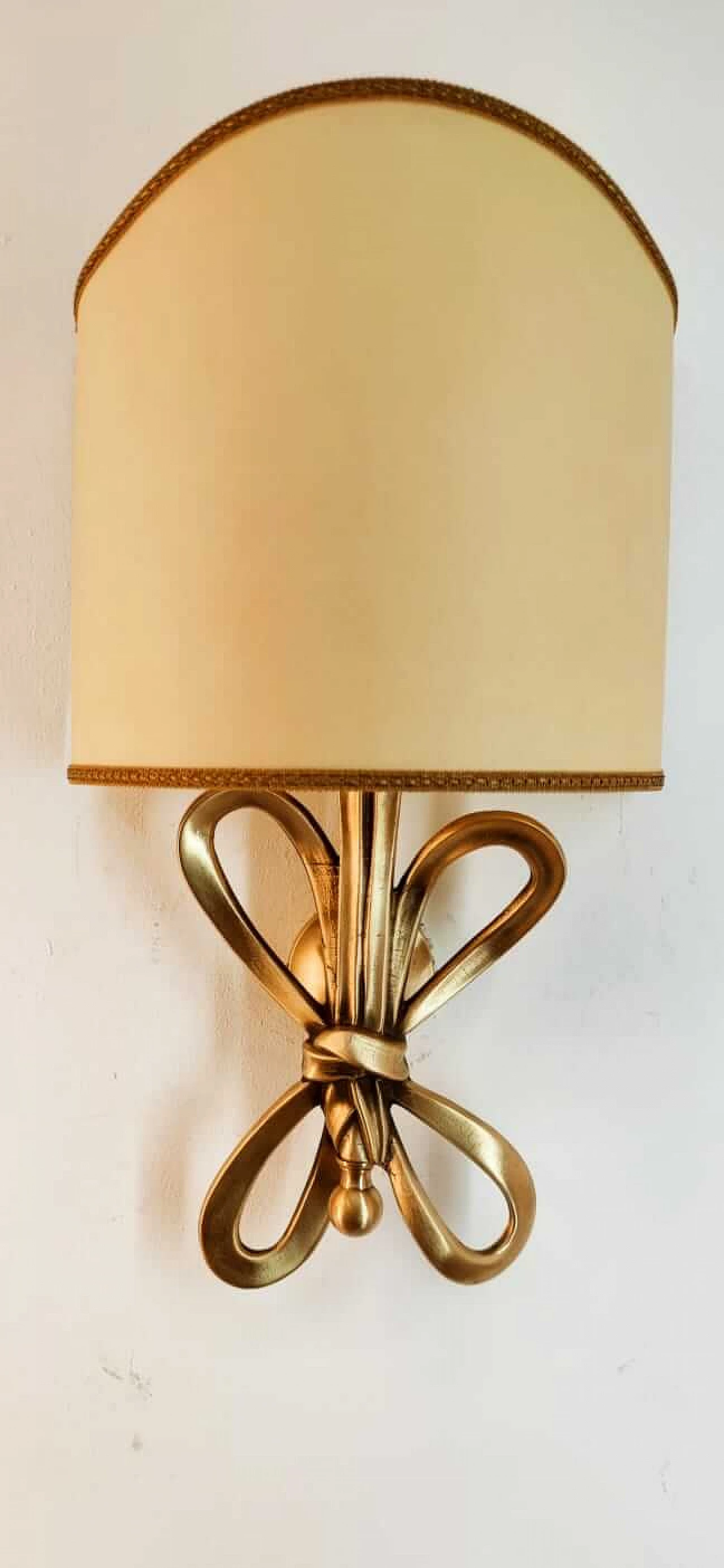 Wall sconce with brass bow and parchment fan diffuser, 1960s 8