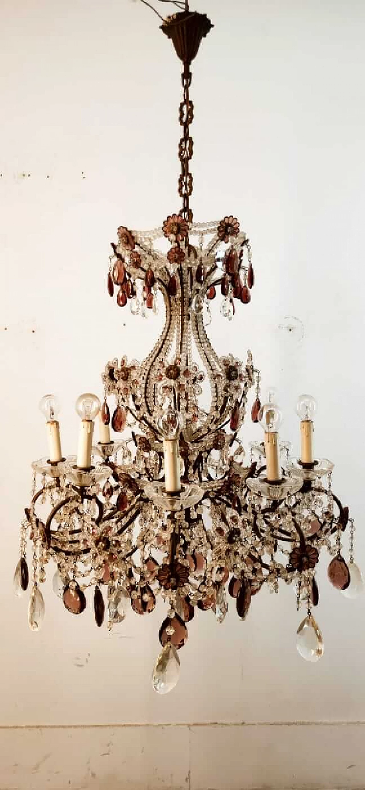 Eight-light brass and transparent and purple crystal chandelier, 1950s 1