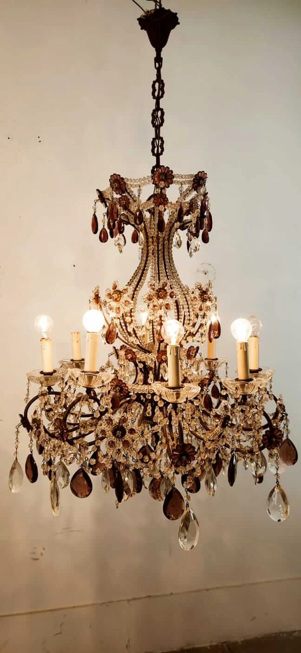Eight-light brass and transparent and purple crystal chandelier, 1950s 2
