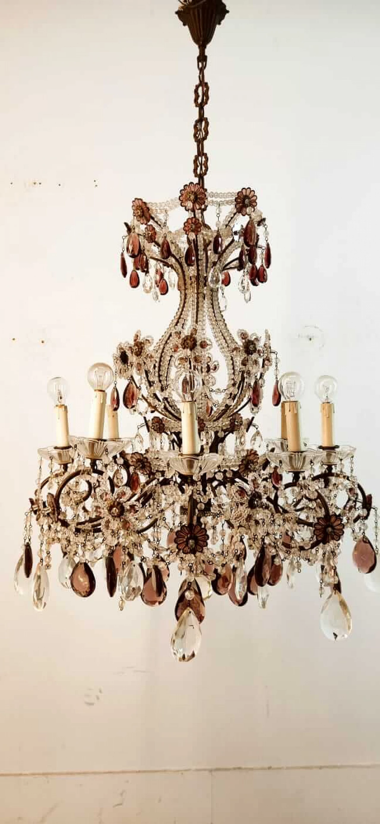 Eight-light brass and transparent and purple crystal chandelier, 1950s 3