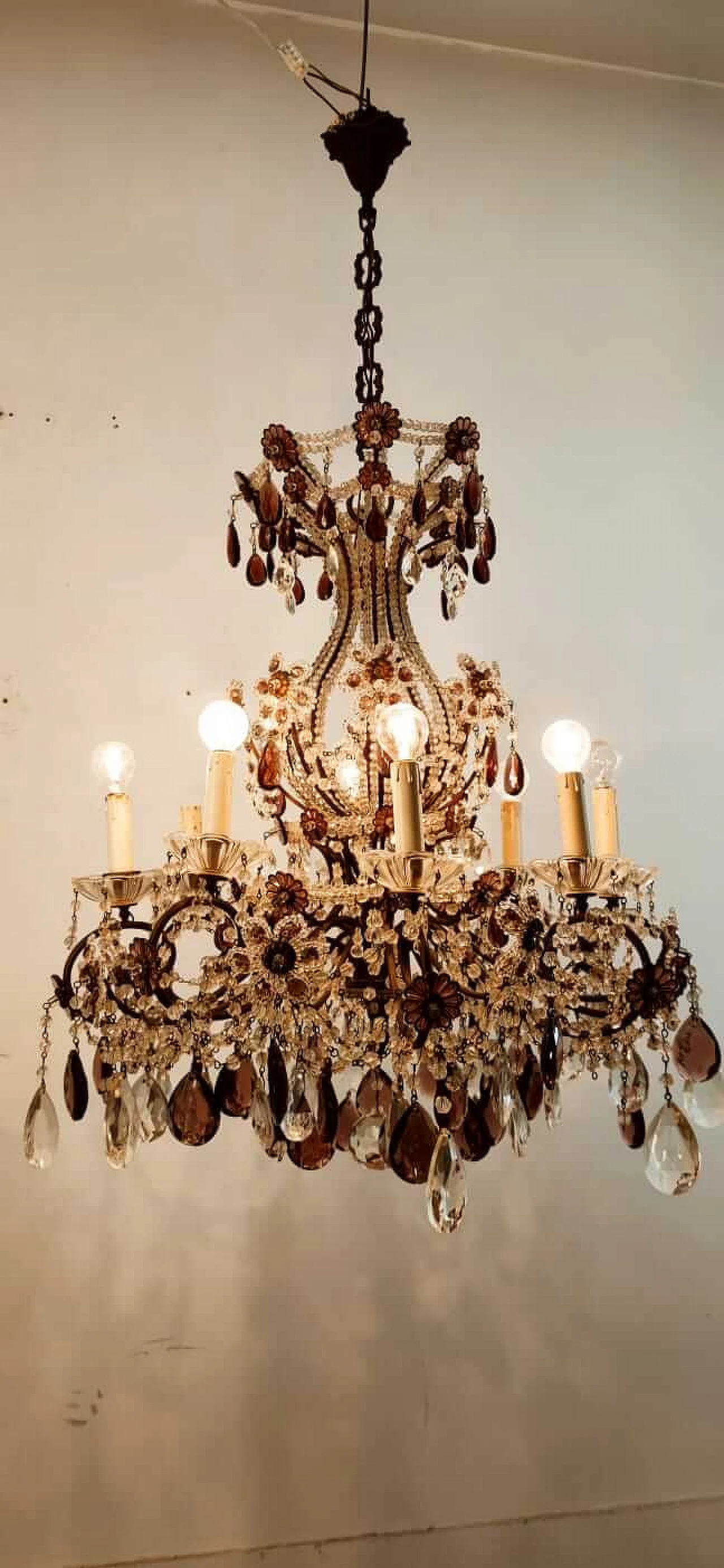 Eight-light brass and transparent and purple crystal chandelier, 1950s 4
