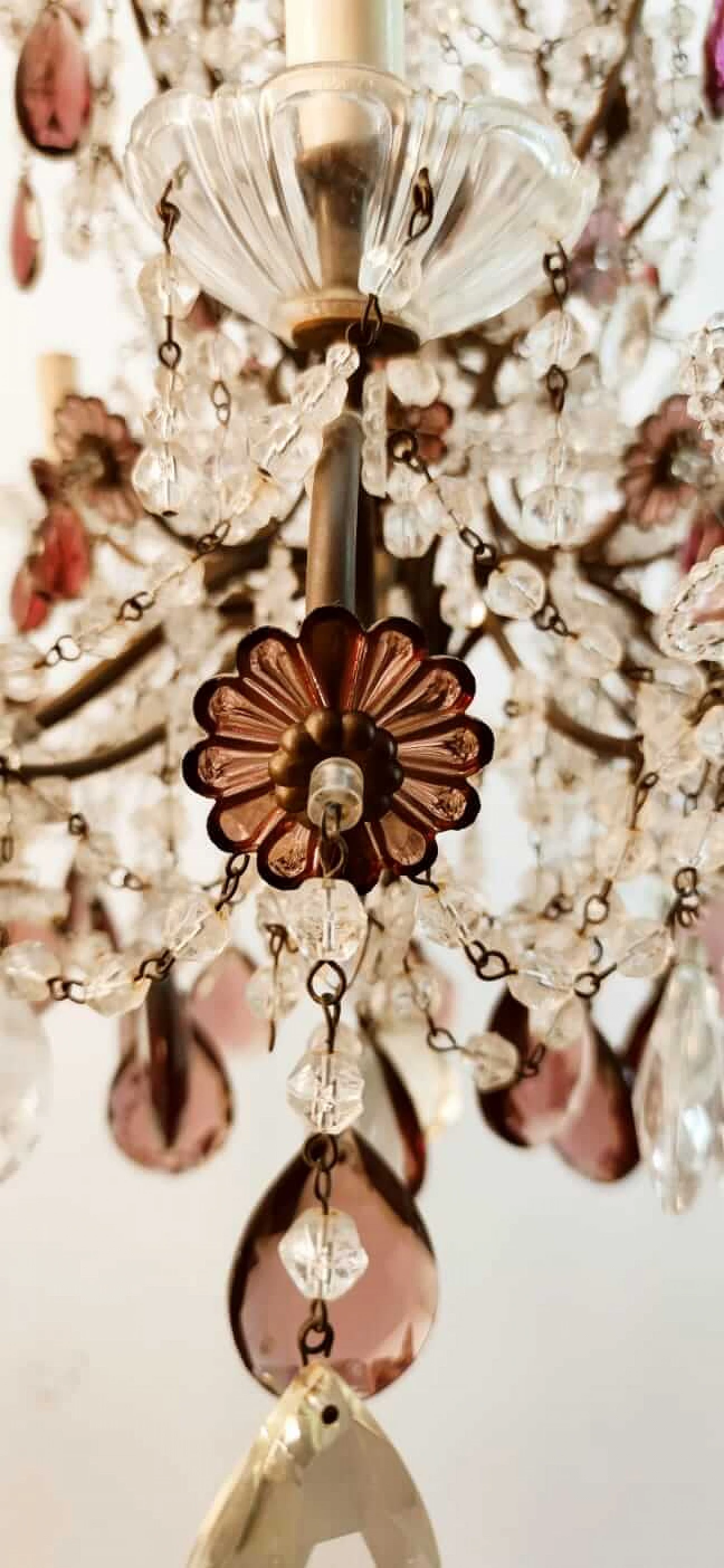 Eight-light brass and transparent and purple crystal chandelier, 1950s 5