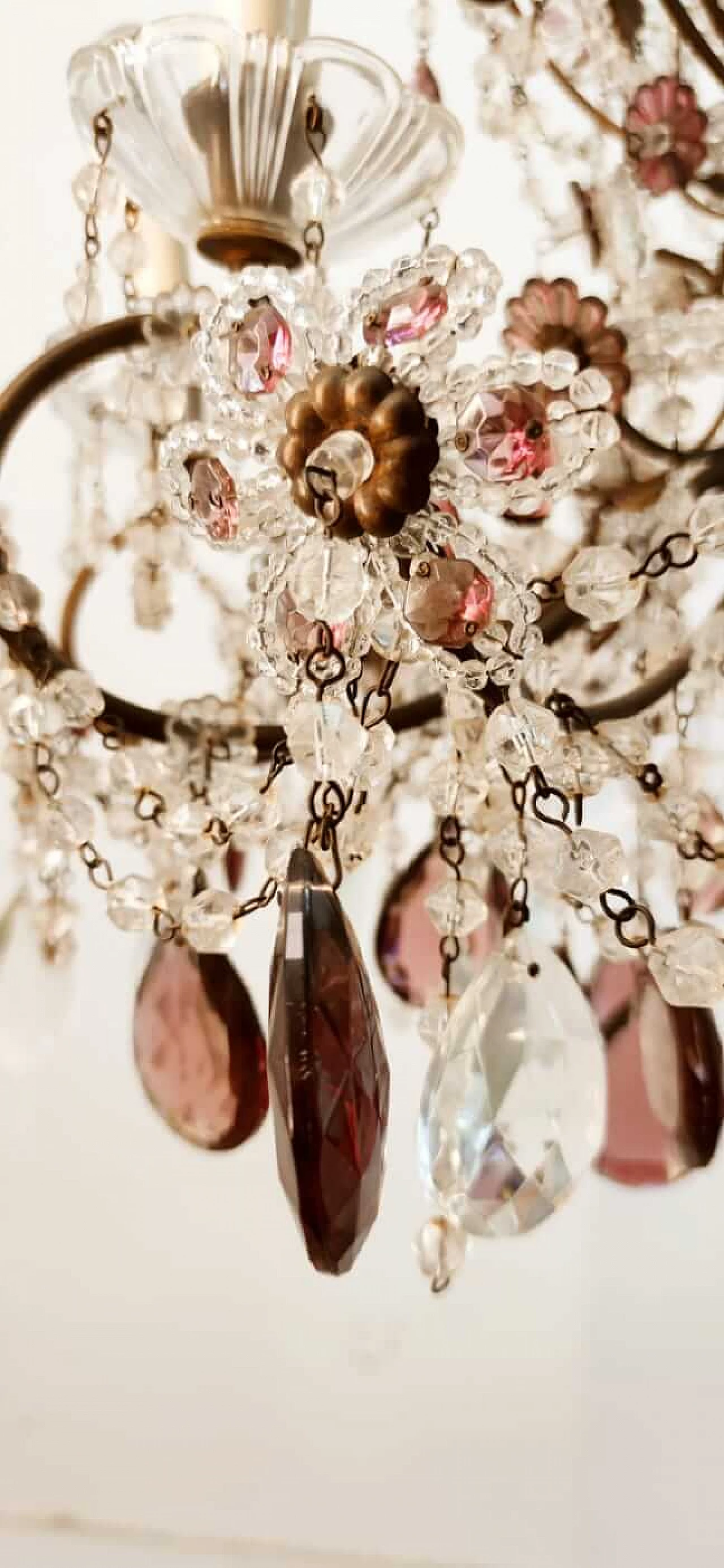 Eight-light brass and transparent and purple crystal chandelier, 1950s 6