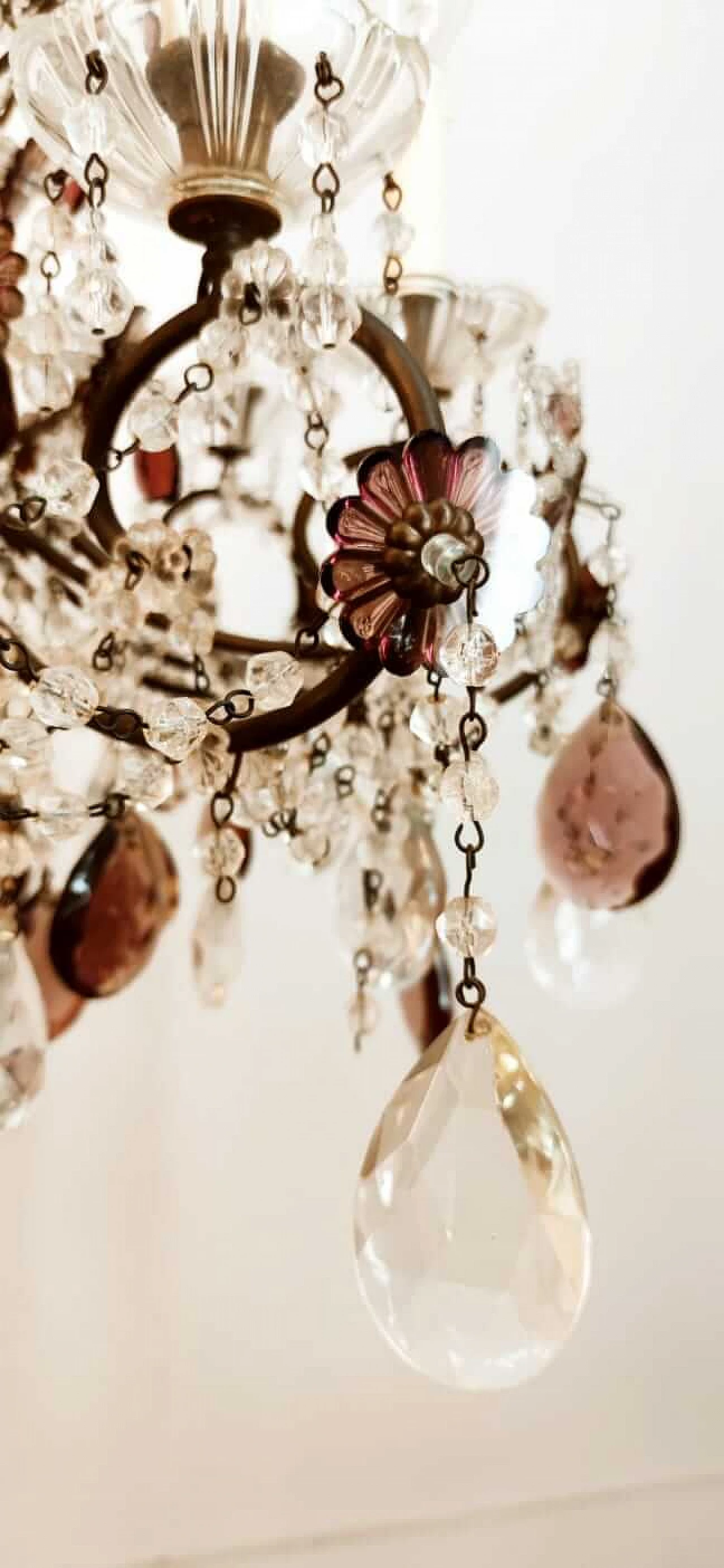 Eight-light brass and transparent and purple crystal chandelier, 1950s 7