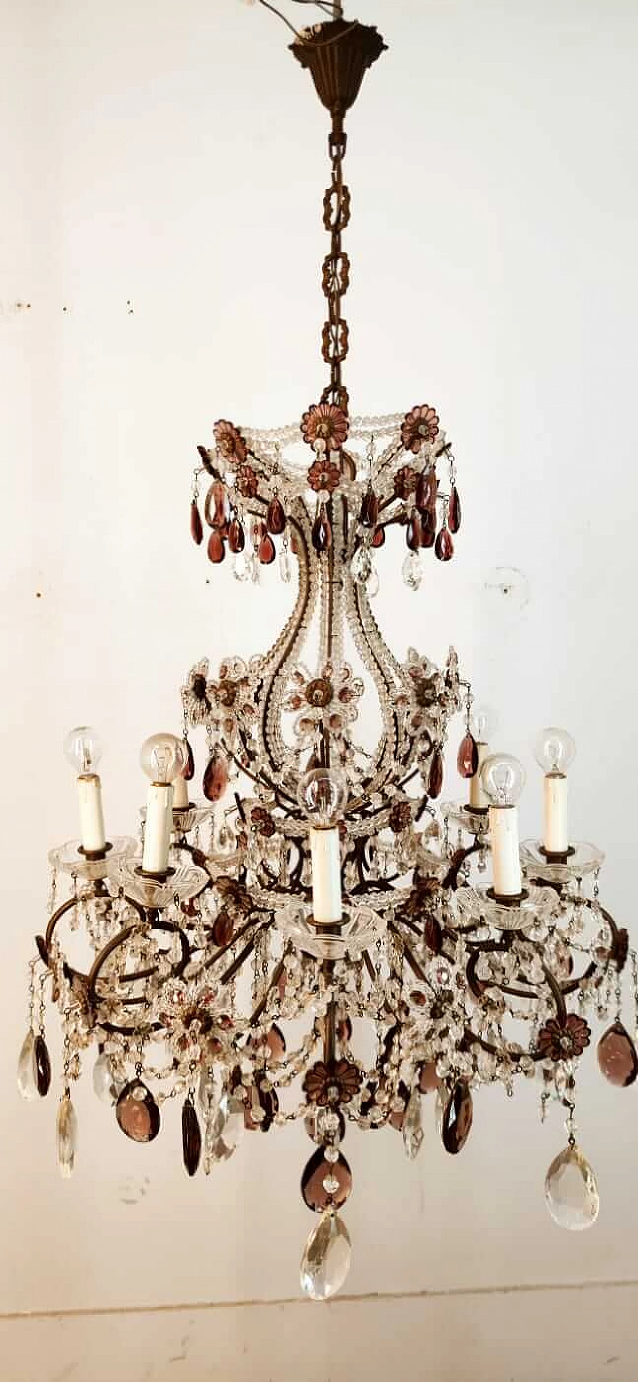 Eight-light brass and transparent and purple crystal chandelier, 1950s 8