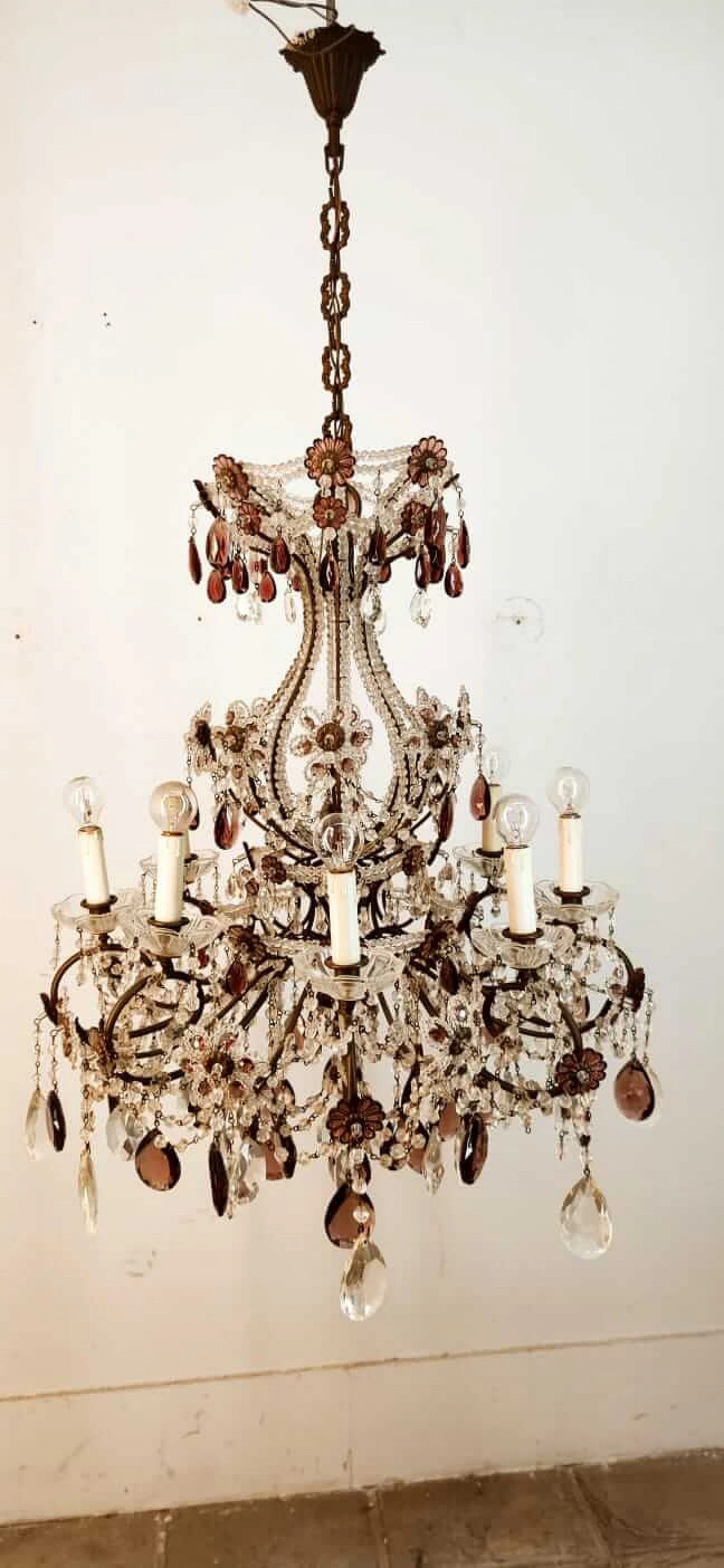Eight-light brass and transparent and purple crystal chandelier, 1950s 9
