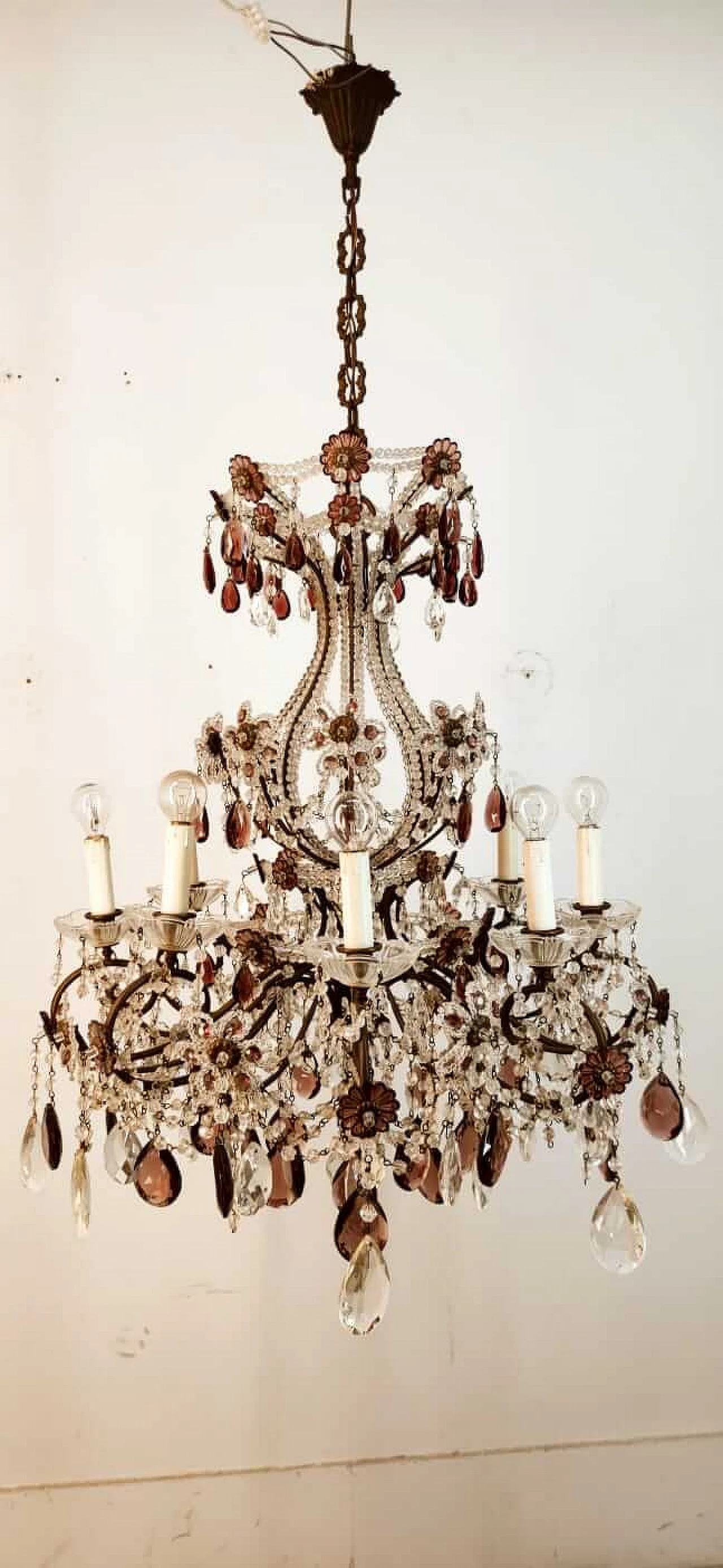 Eight-light brass and transparent and purple crystal chandelier, 1950s 10