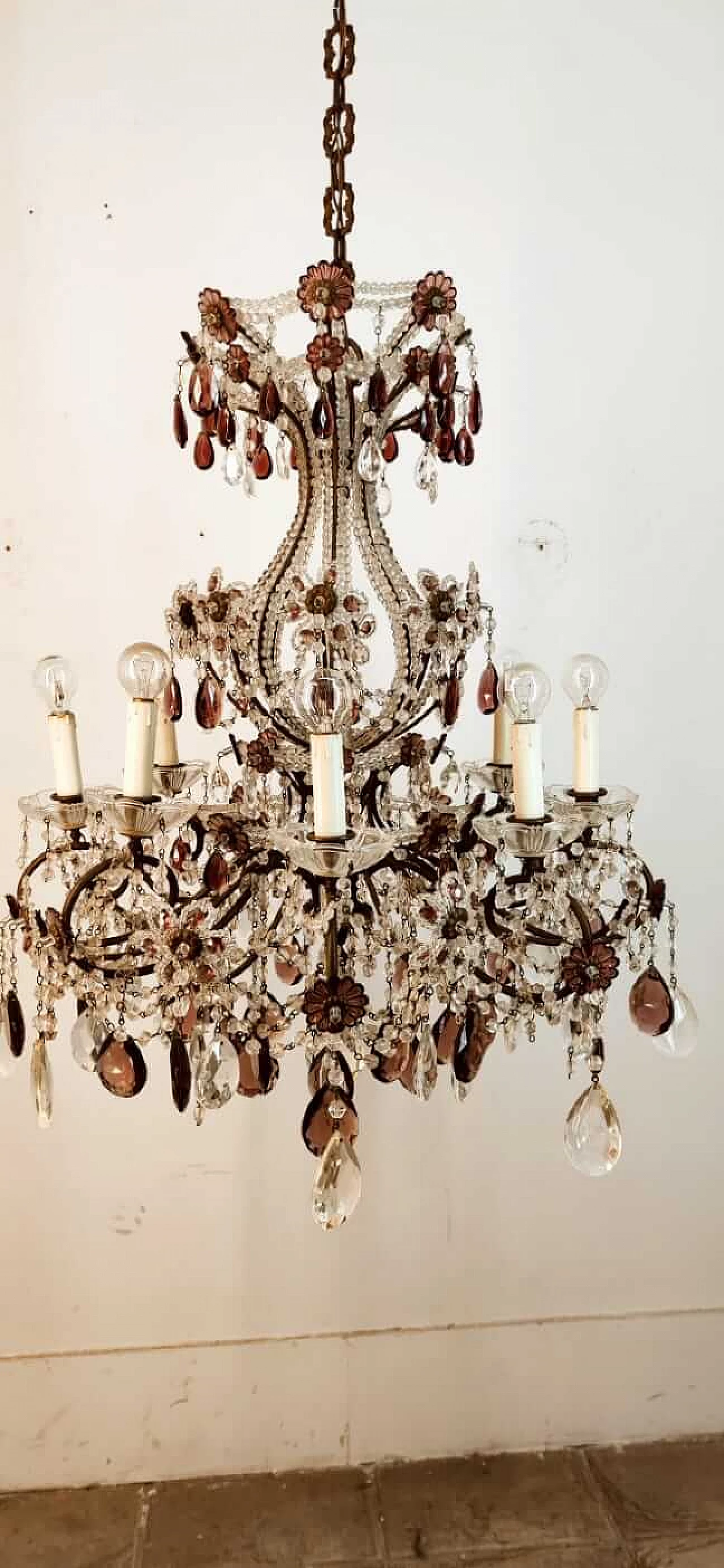 Eight-light brass and transparent and purple crystal chandelier, 1950s 11