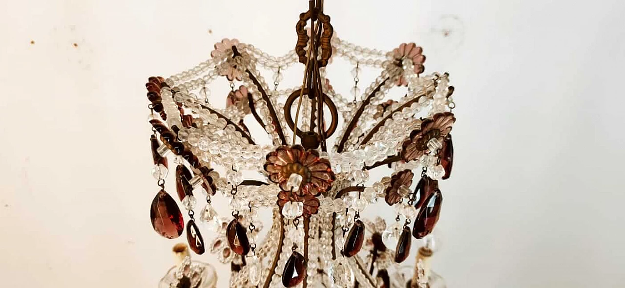 Eight-light brass and transparent and purple crystal chandelier, 1950s 12