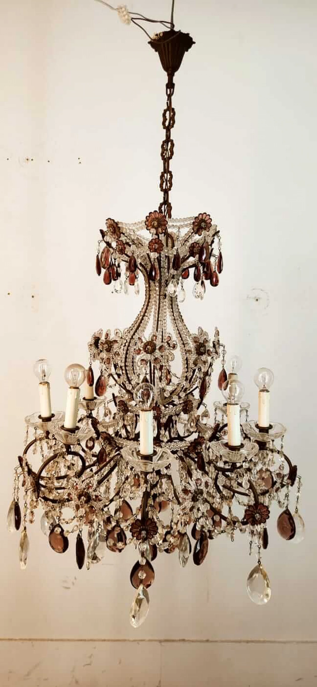 Eight-light brass and transparent and purple crystal chandelier, 1950s 13