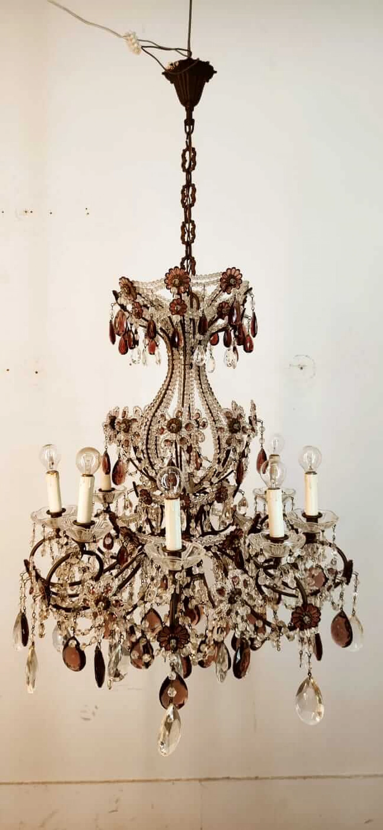 Eight-light brass and transparent and purple crystal chandelier, 1950s 14