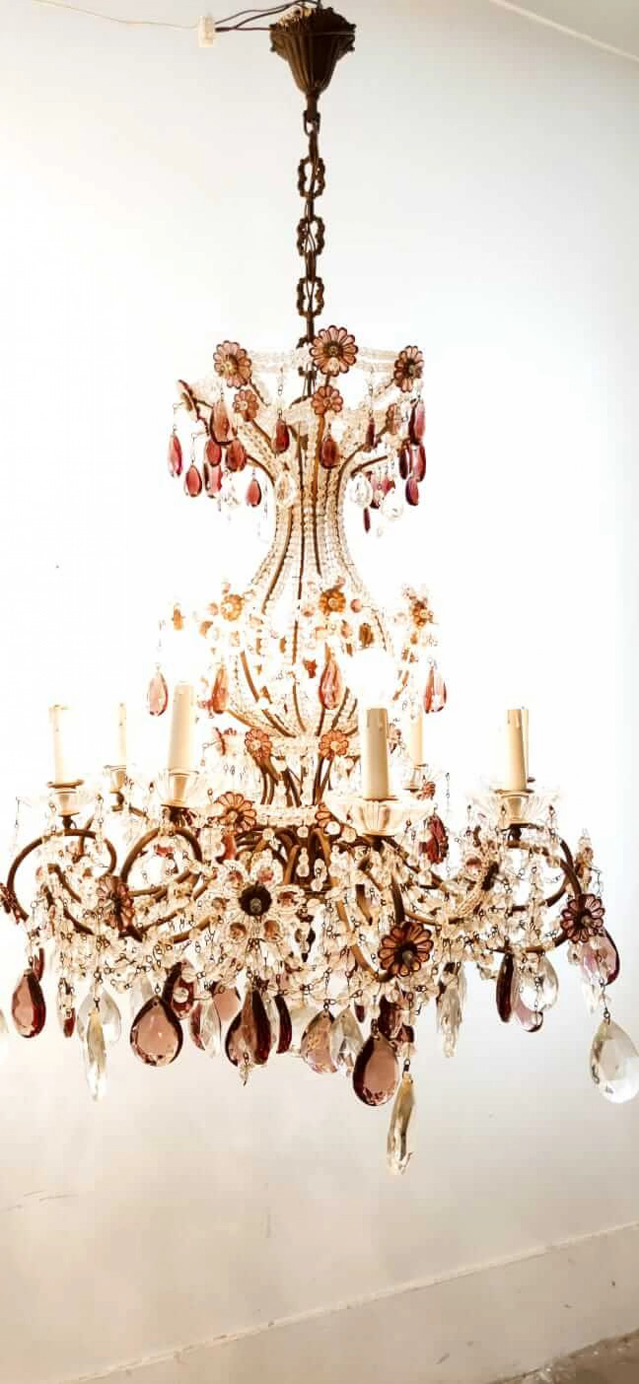 Eight-light brass and transparent and purple crystal chandelier, 1950s 15