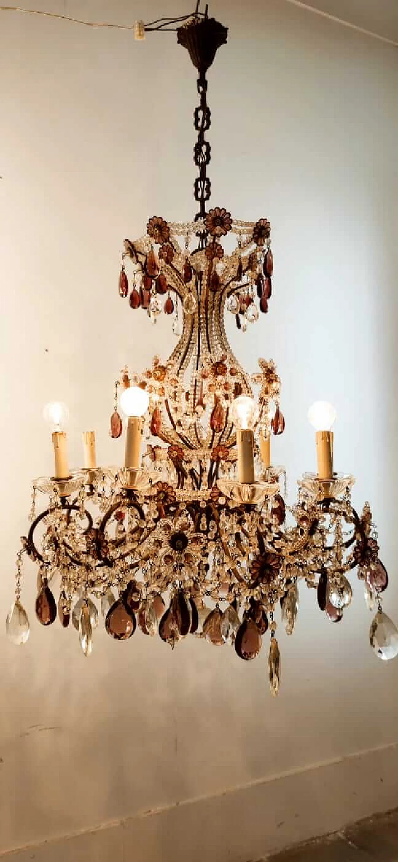 Eight-light brass and transparent and purple crystal chandelier, 1950s 16