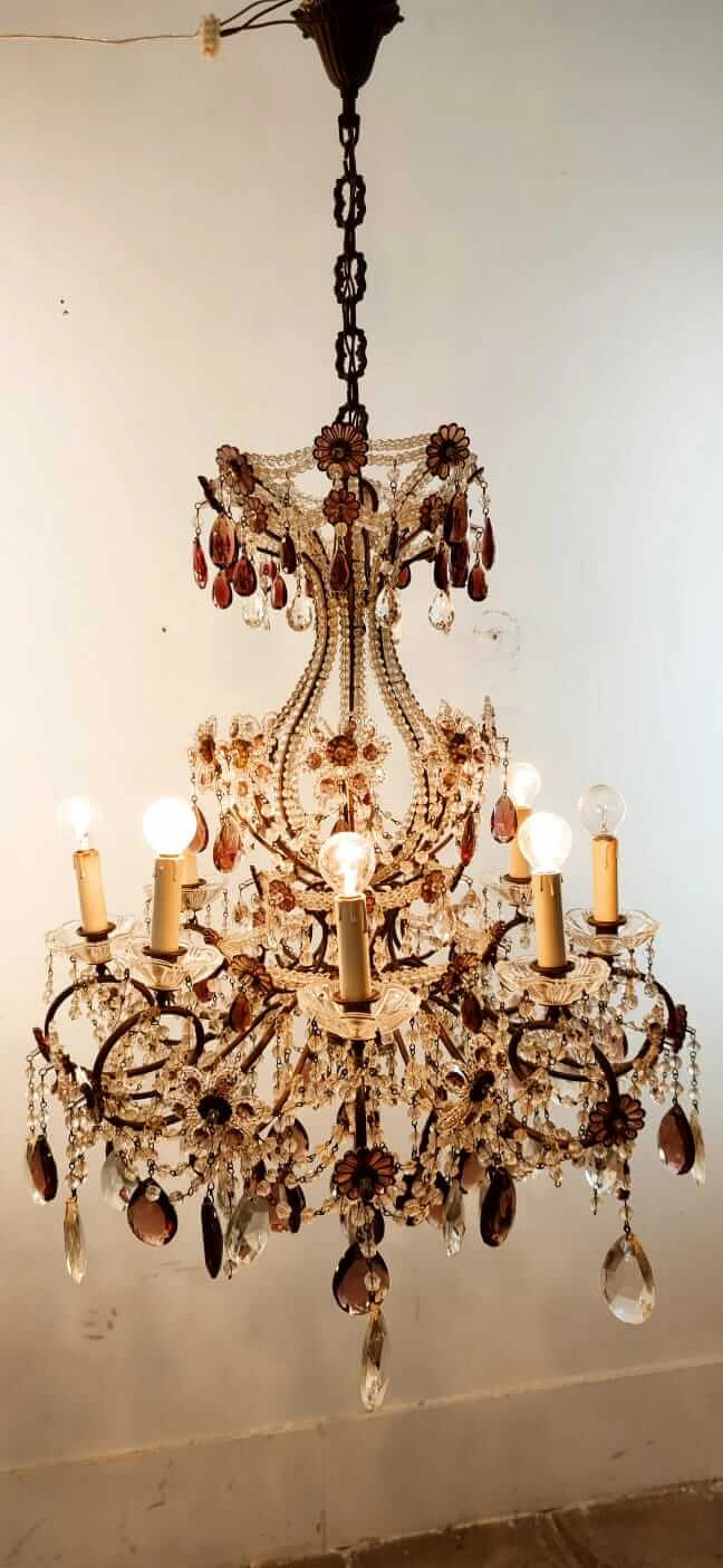 Eight-light brass and transparent and purple crystal chandelier, 1950s 18