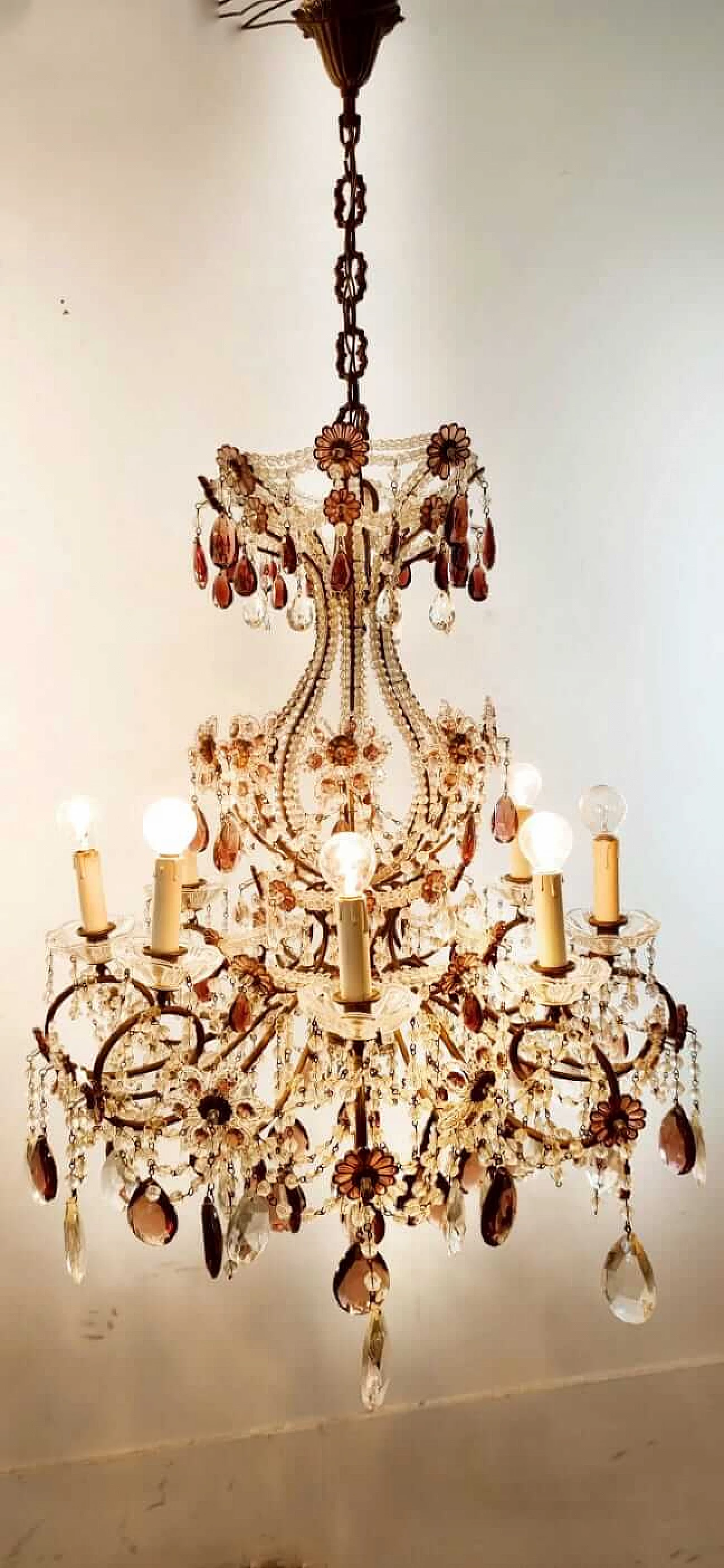 Eight-light brass and transparent and purple crystal chandelier, 1950s 21