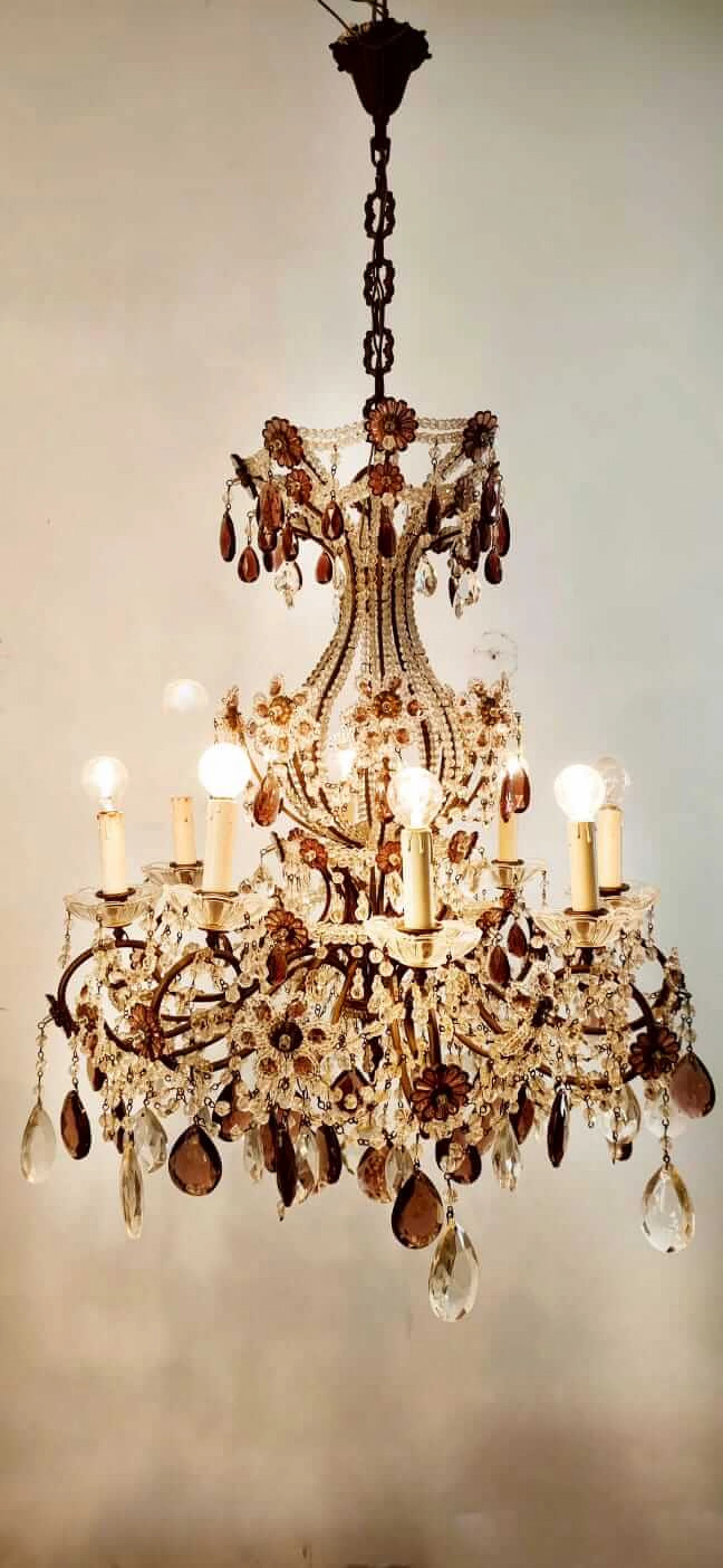 Eight-light brass and transparent and purple crystal chandelier, 1950s 22