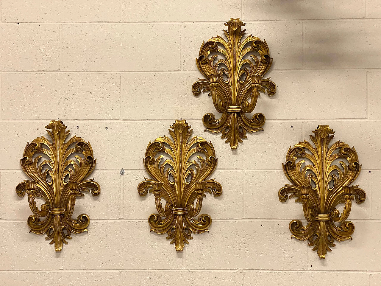 4 Two-light gilded wooden wall sconces, 1960s 1