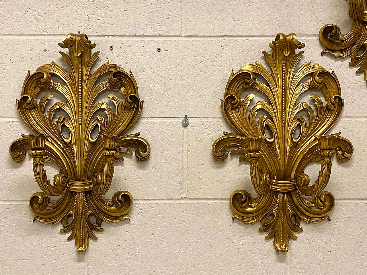 4 Two-light gilded wooden wall sconces, 1960s 3