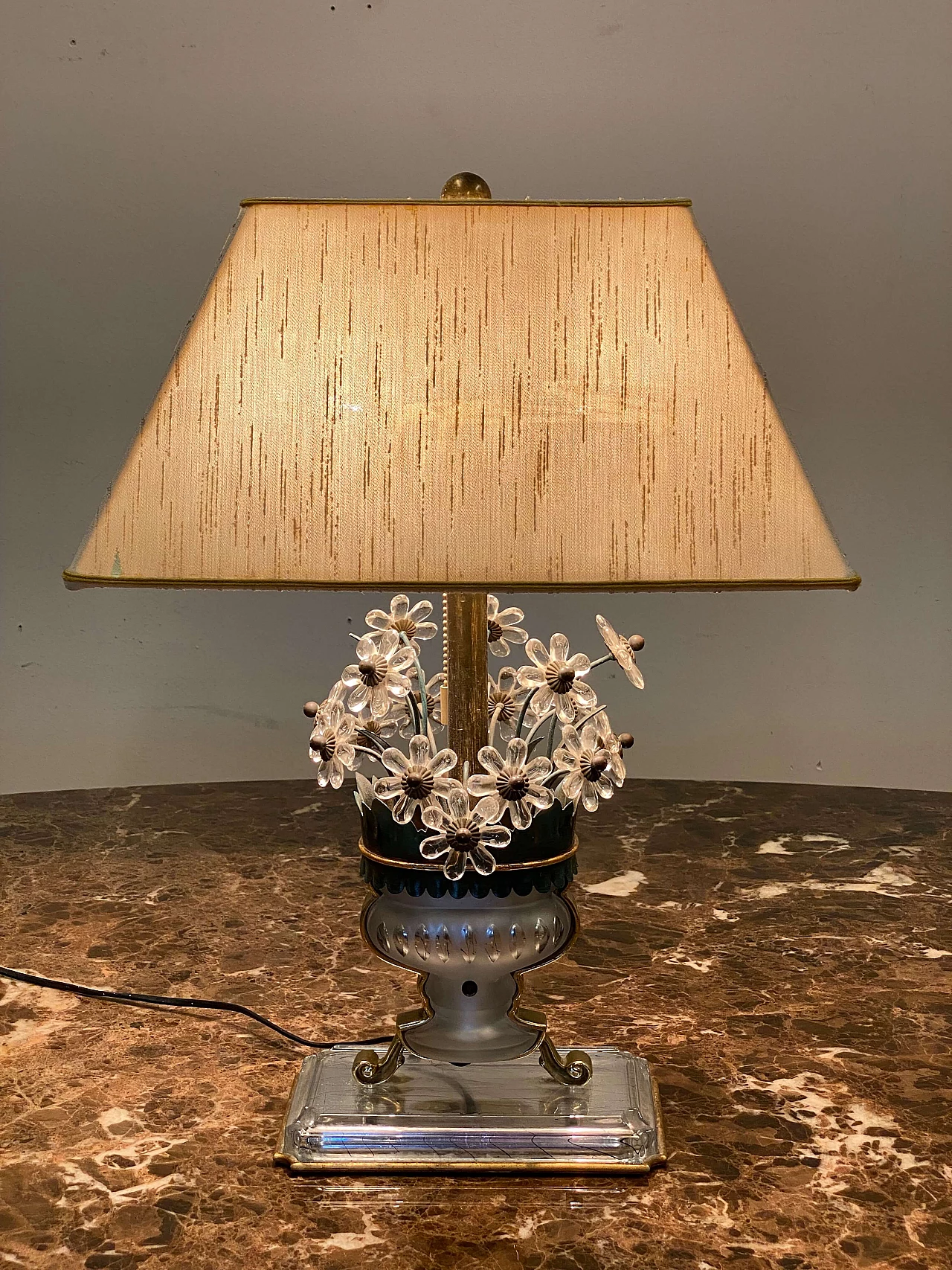 Lacquered metal, brass, crystal, glass and fabric table lamp in Maison Bagues style, 1970s 1