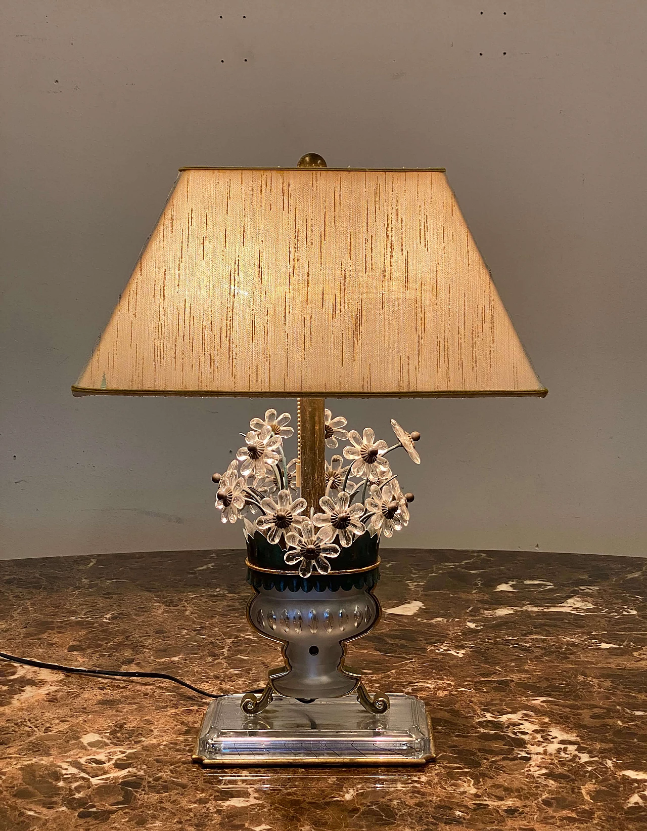 Lacquered metal, brass, crystal, glass and fabric table lamp in Maison Bagues style, 1970s 2