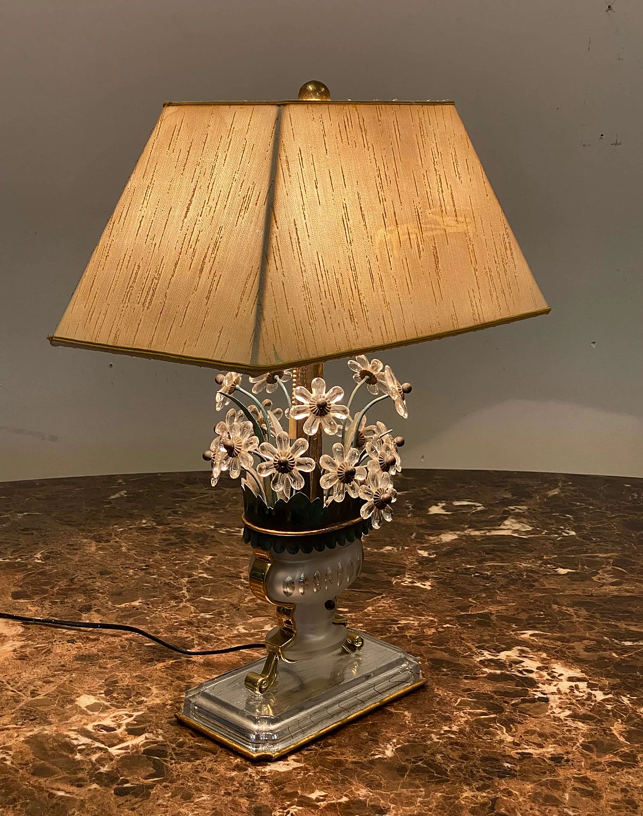 Lacquered metal, brass, crystal, glass and fabric table lamp in Maison Bagues style, 1970s 13