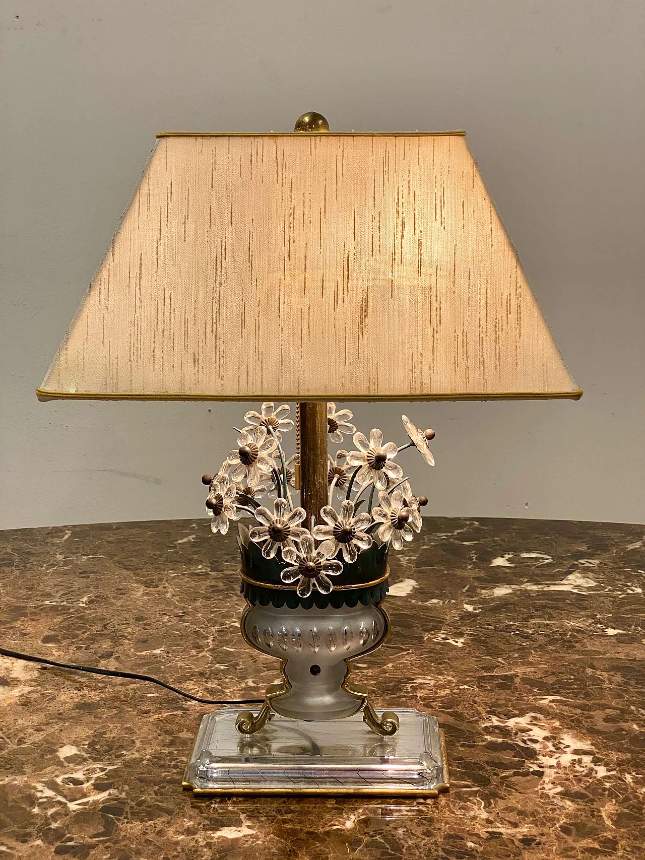 Lacquered metal, brass, crystal, glass and fabric table lamp in Maison Bagues style, 1970s 14