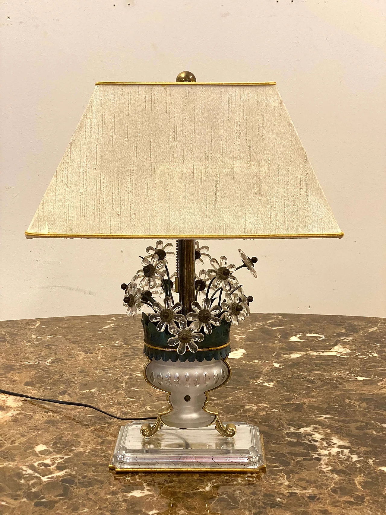 Lacquered metal, brass, crystal, glass and fabric table lamp in Maison Bagues style, 1970s 18