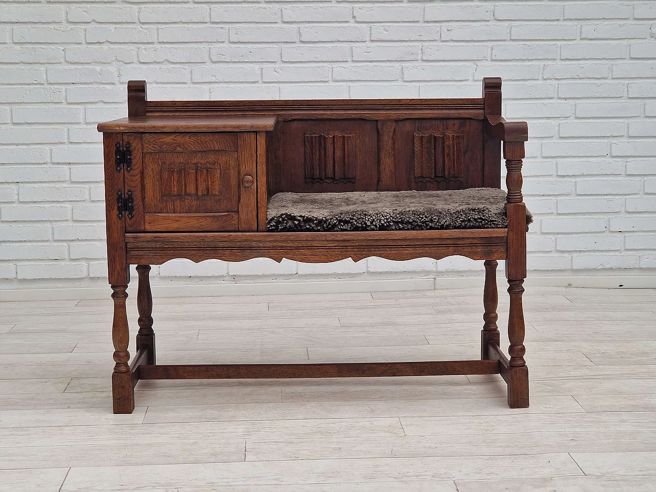 Scandinavian oak bench with sheepskin seat and cabinet, 1950s 1