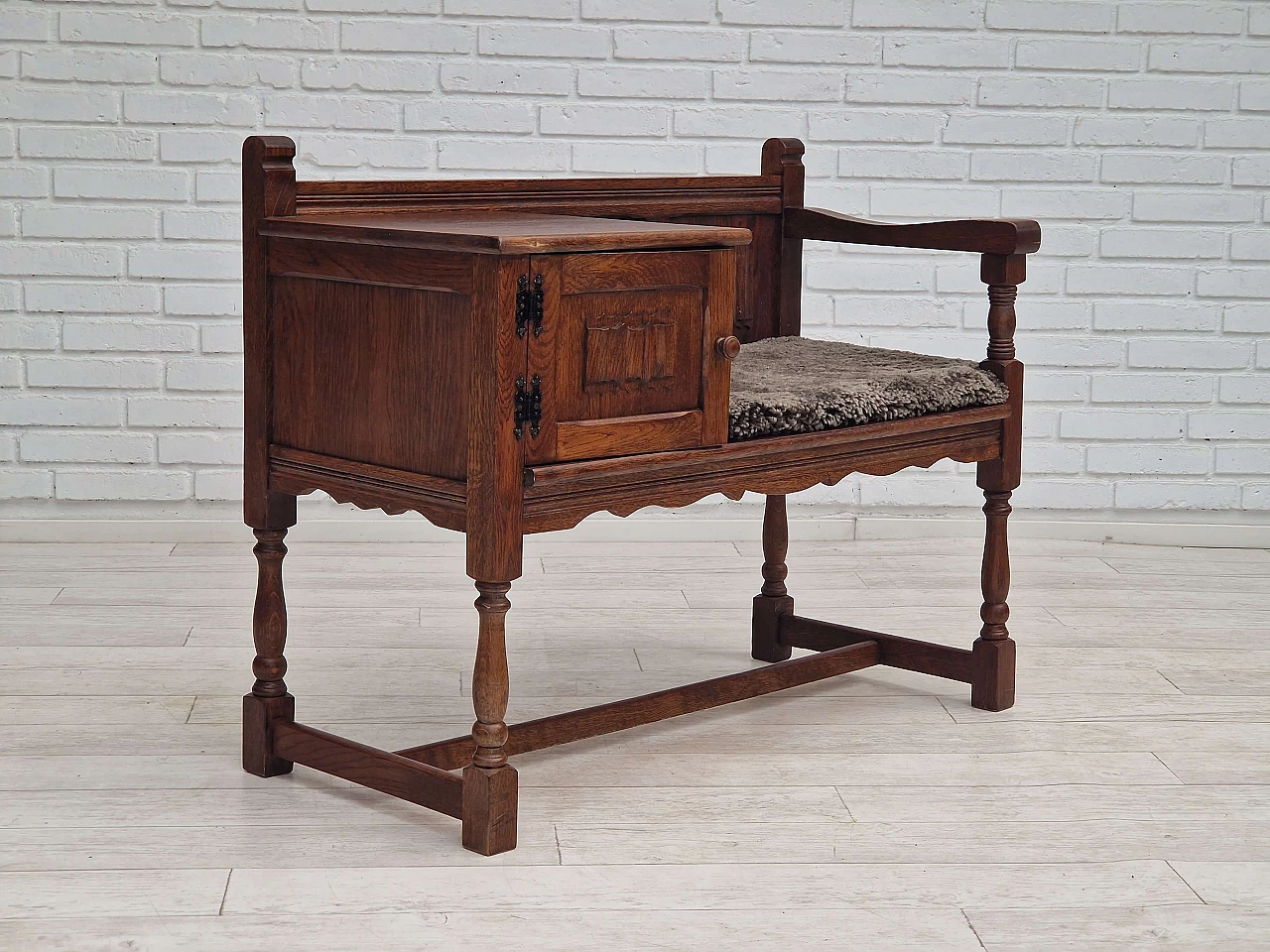 Scandinavian oak bench with sheepskin seat and cabinet, 1950s 2