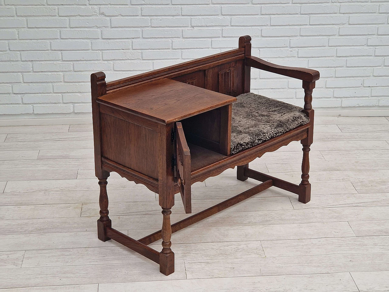 Scandinavian oak bench with sheepskin seat and cabinet, 1950s 4