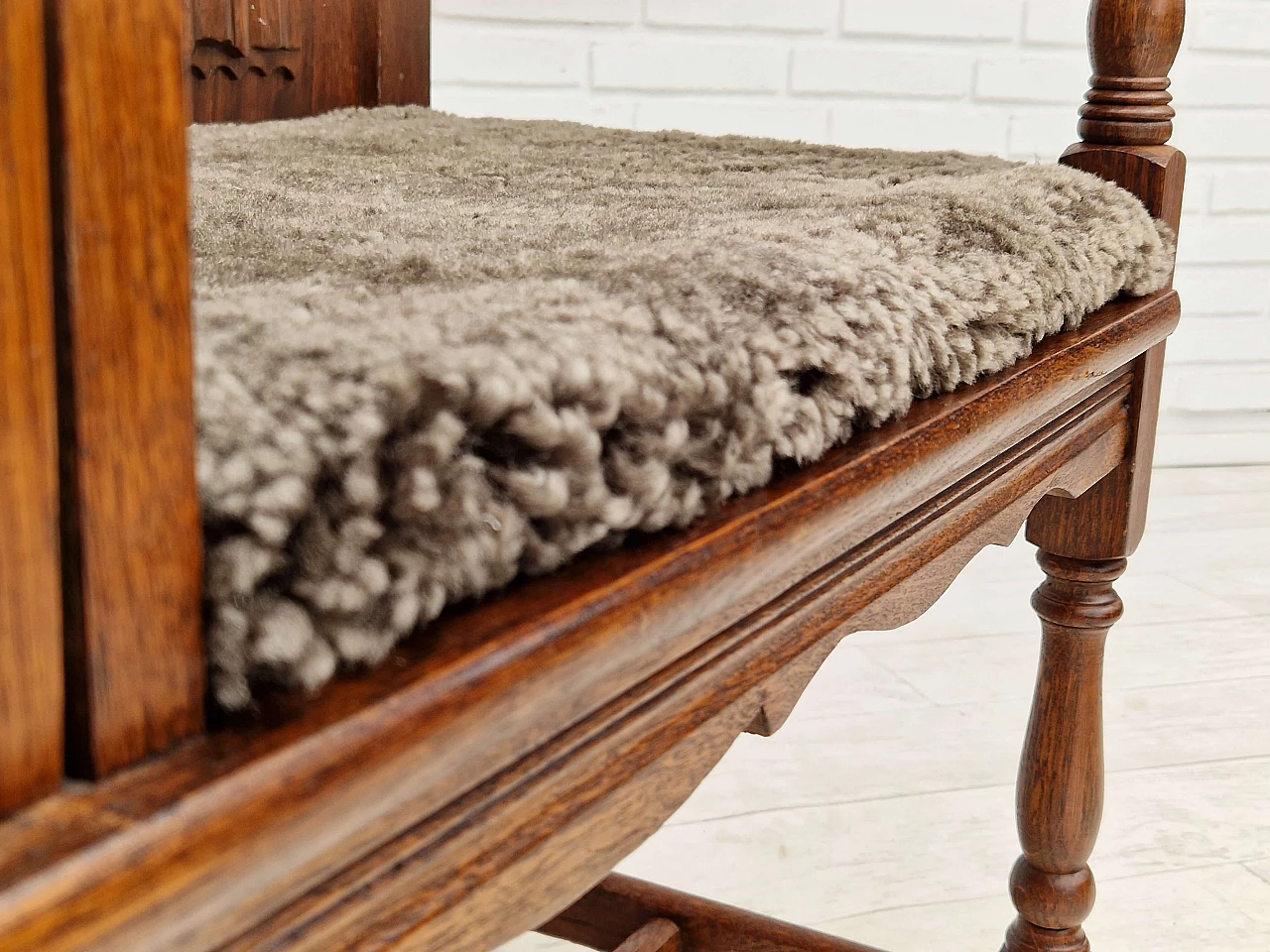 Scandinavian oak bench with sheepskin seat and cabinet, 1950s 5