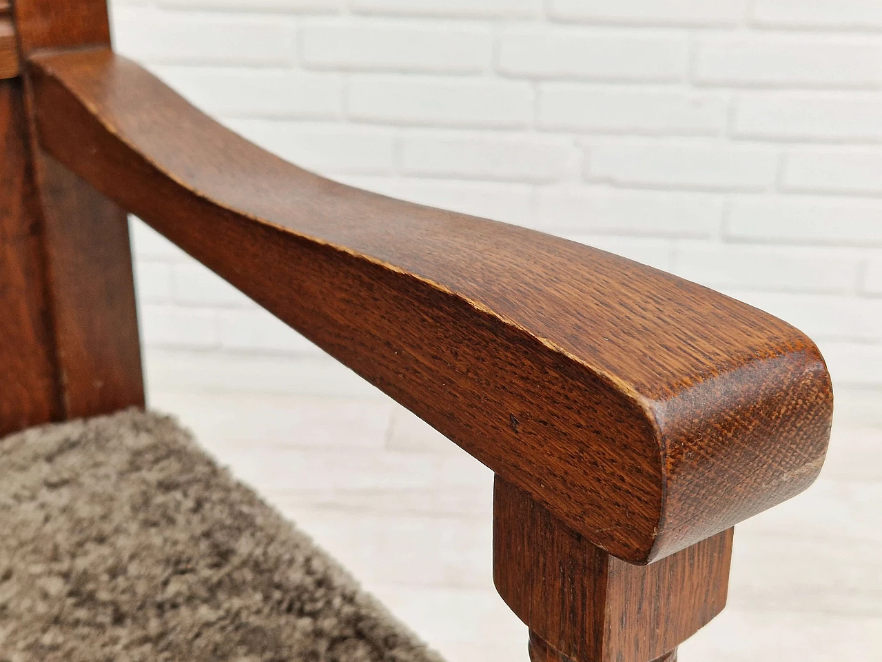 Scandinavian oak bench with sheepskin seat and cabinet, 1950s 8