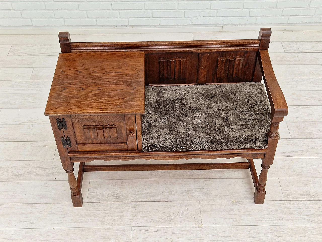 Scandinavian oak bench with sheepskin seat and cabinet, 1950s 11