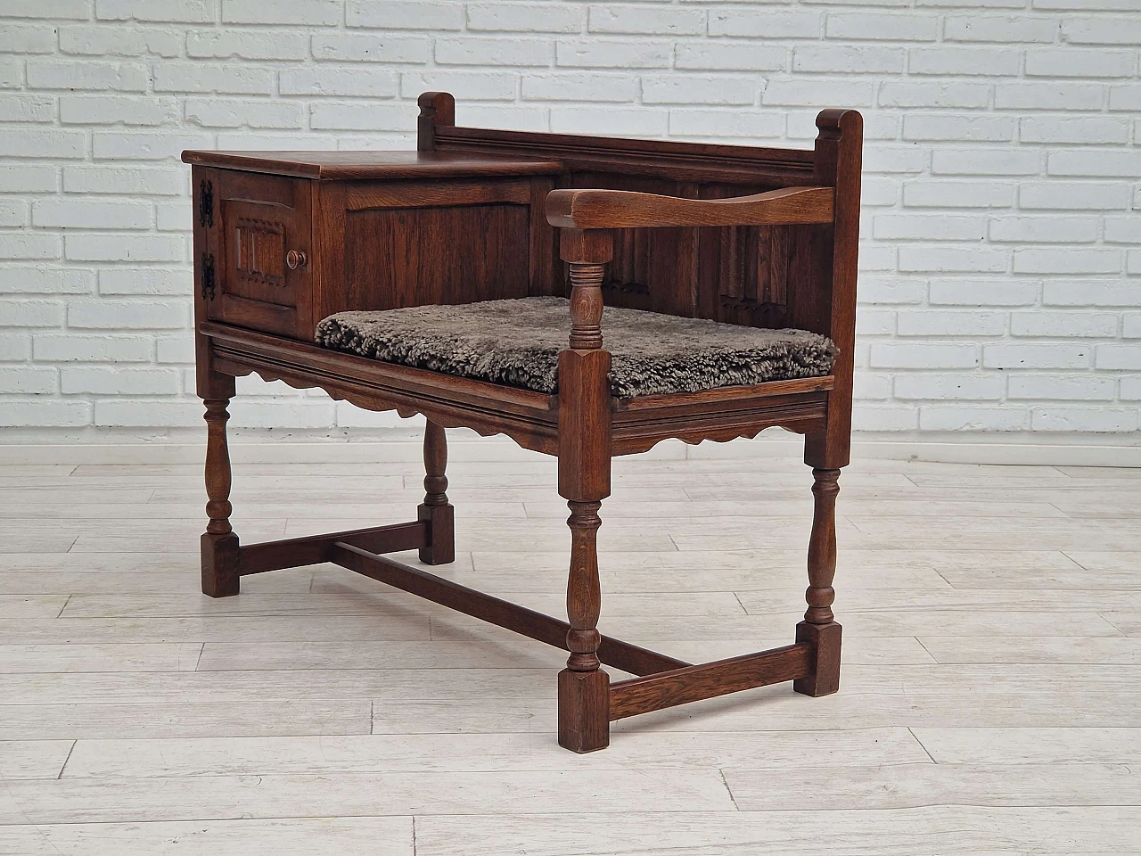 Scandinavian oak bench with sheepskin seat and cabinet, 1950s 12