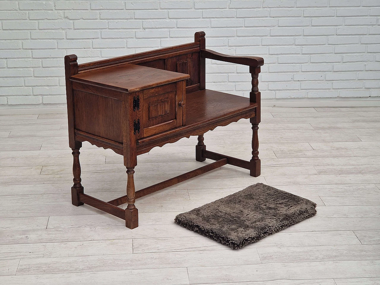 Scandinavian oak bench with sheepskin seat and cabinet, 1950s 14