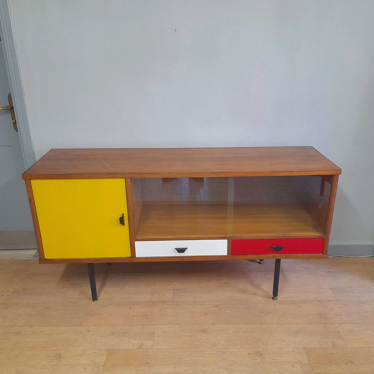 Multicolored lacquered oak and glass sideboard, 1970s 2