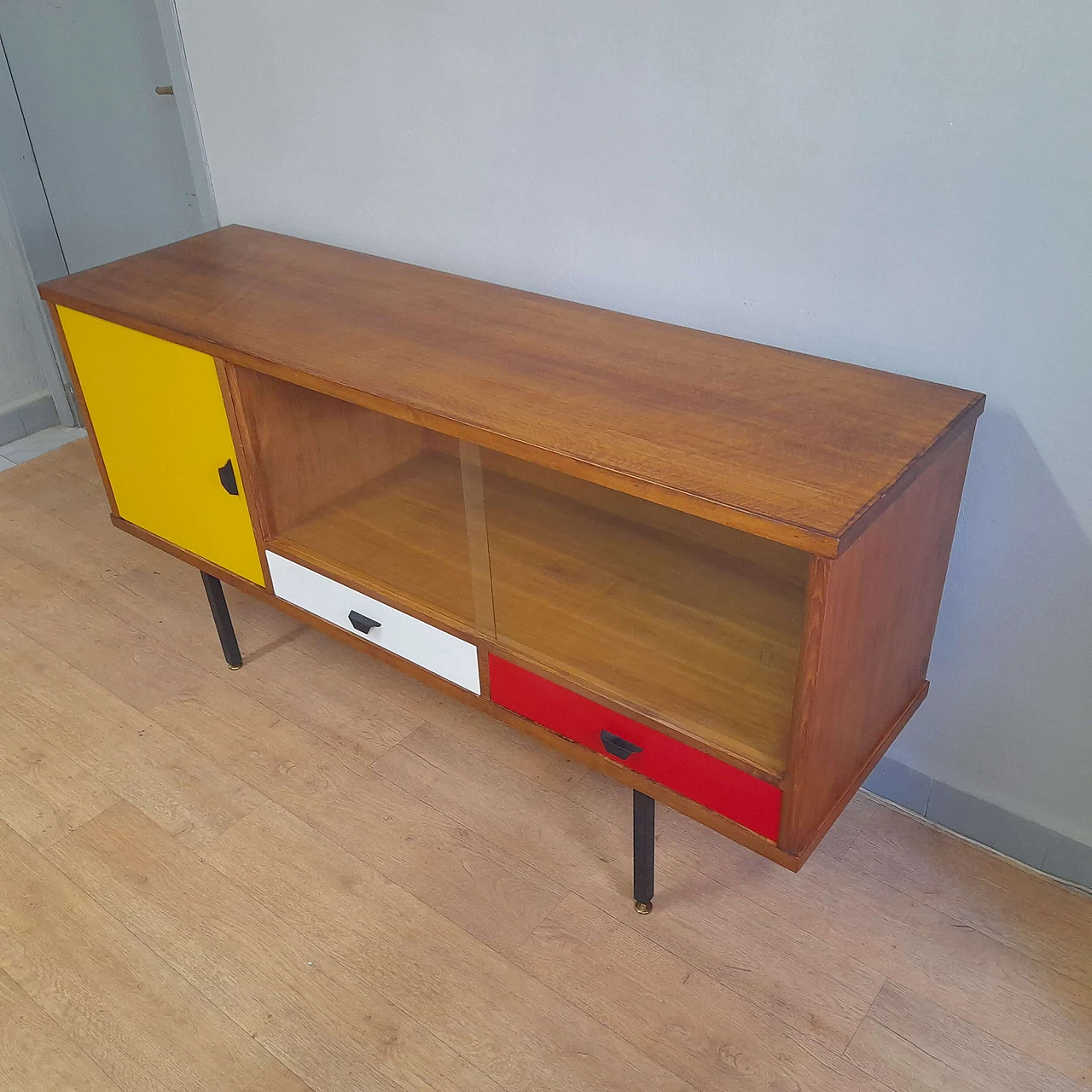 Multicolored lacquered oak and glass sideboard, 1970s 3