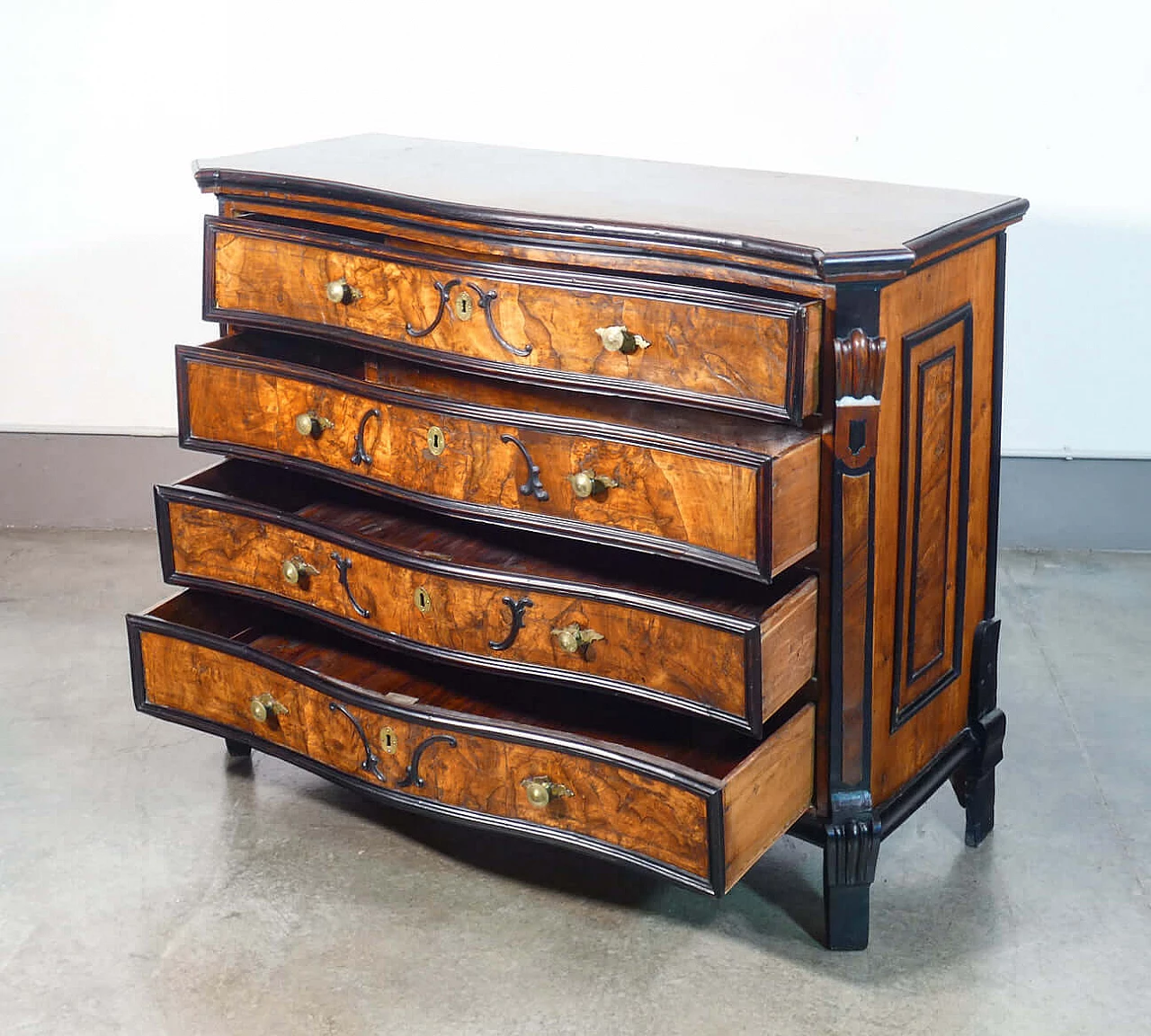 Louis XIV chest of drawers in wood and walnut root with ebonised details, 18th century 5